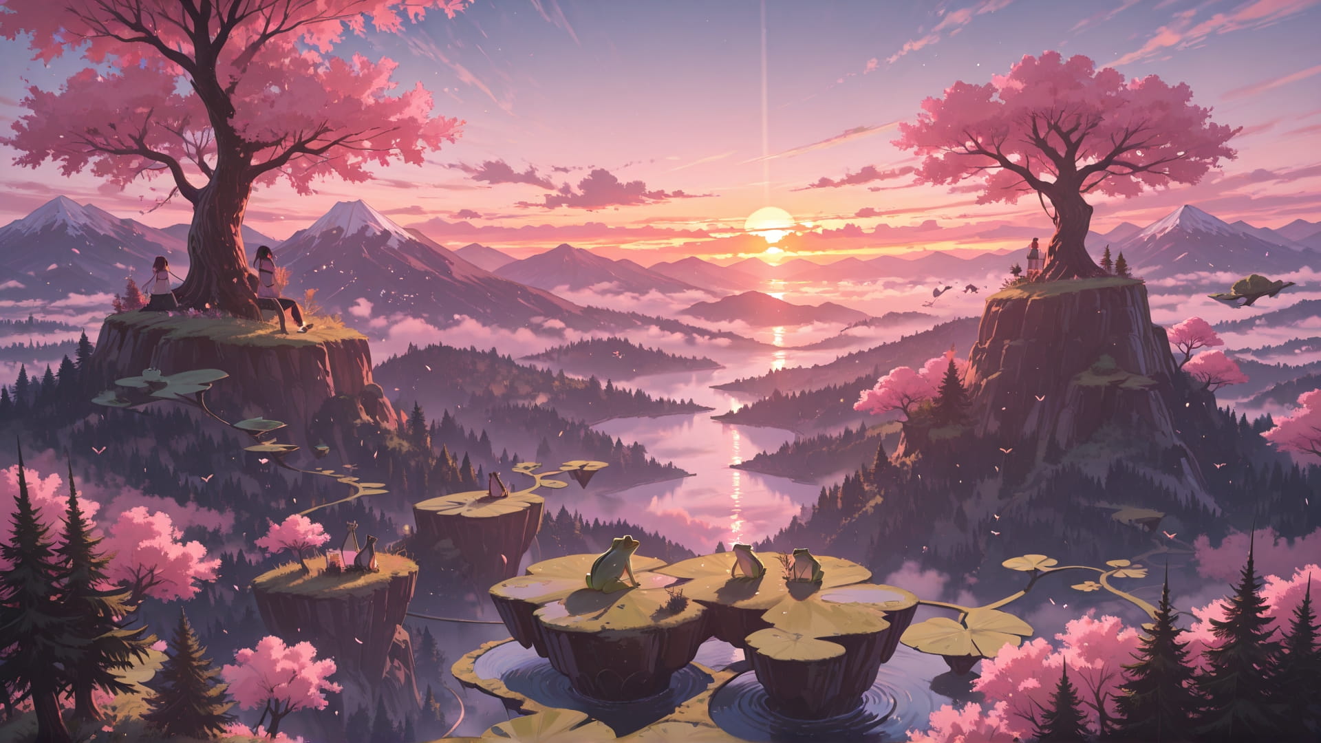 Pink Sunset Mountain FloatingIslands smartphone wallpaper free download, vertical 16:9 format, Pink, Sunset, Mountain, Spring