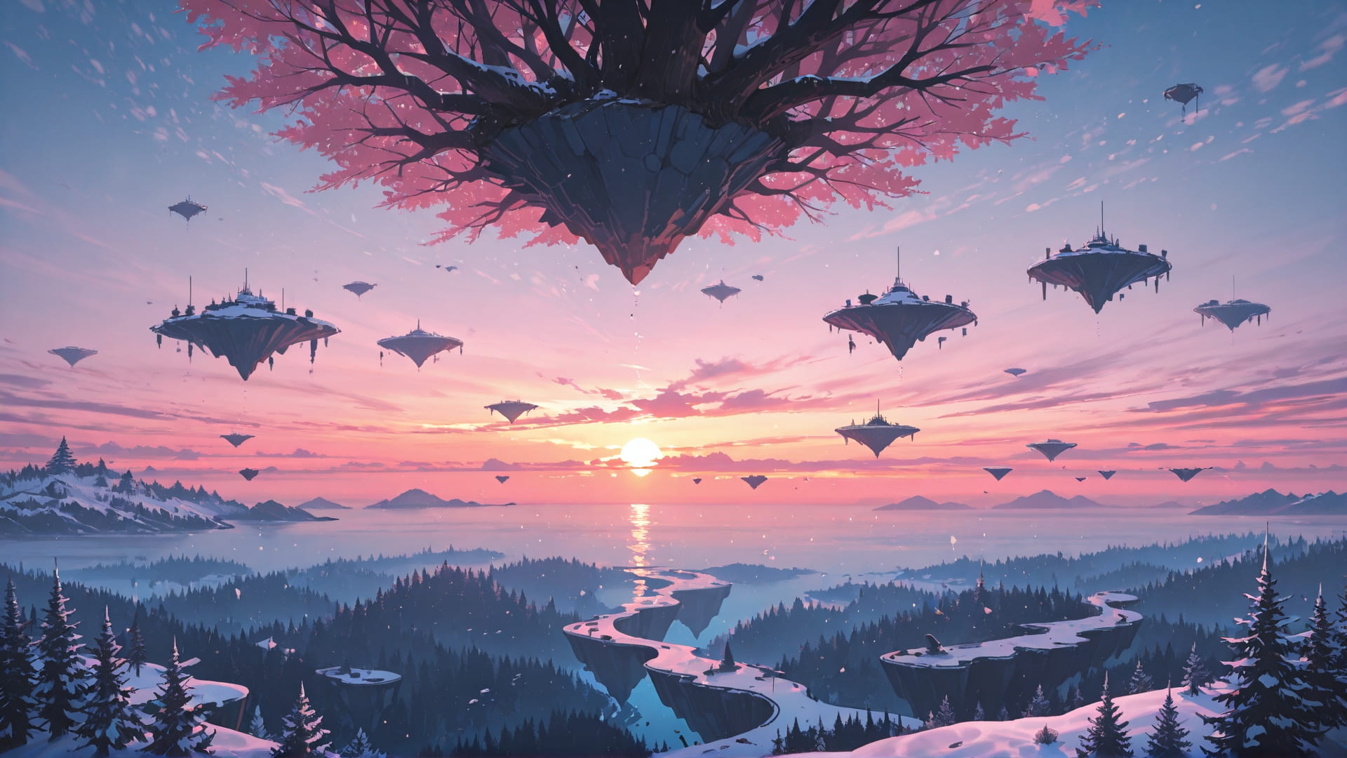 Pink Sunset Sea FloatingIslands smartphone wallpaper free download, vertical 16:9 format, Pink, Sunset, Sea, Winter