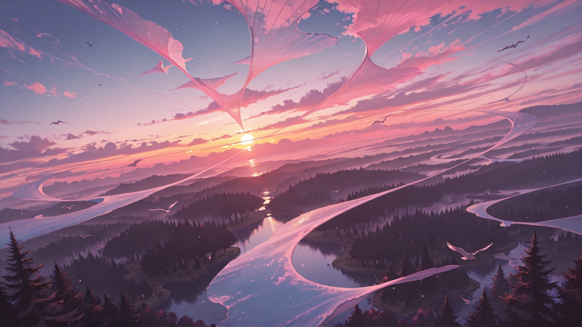 Pink Sunset Sky FloatingIslands smartphone wallpaper free download, vertical 16:9 format, Pink, Sunset, Sky, Spring