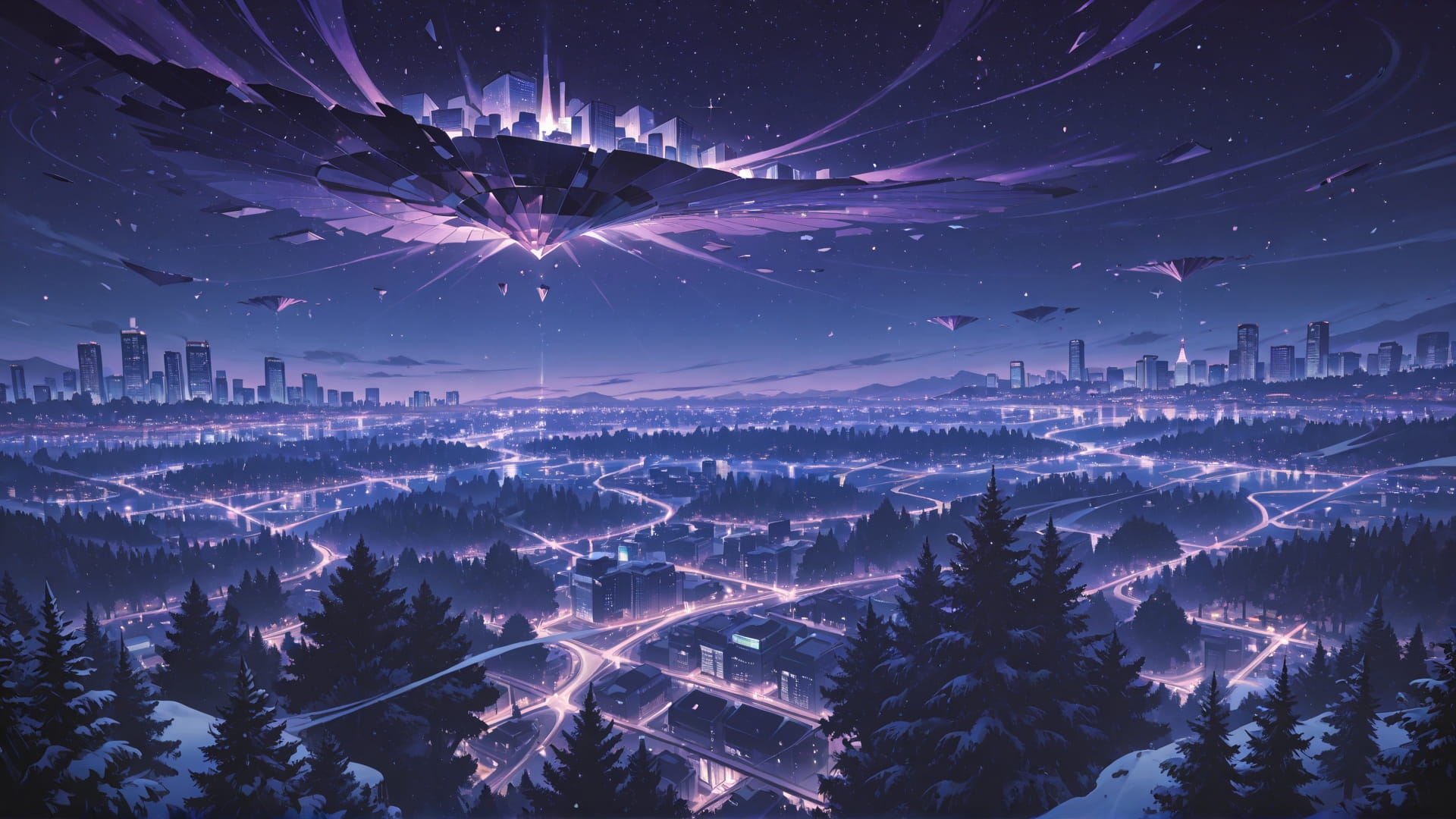 Purple Night City FloatingIslands smartphone wallpaper free download, vertical 16:9 format, Purple, Night, City, Winter 001