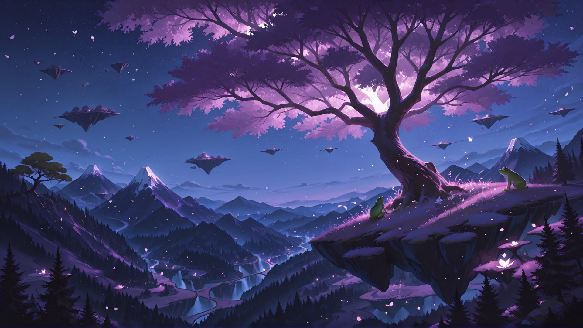 Purple Night Mountain FloatingIslands smartphone wallpaper free download, vertical 16:9 format, Purple, Night, Mountain, Spring