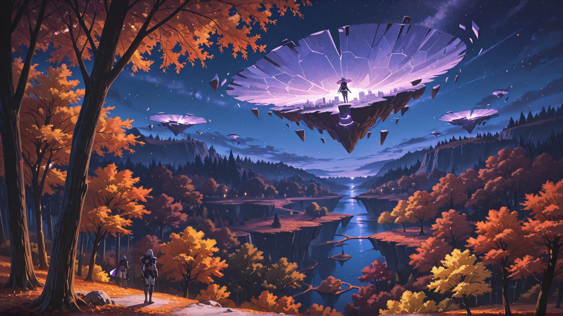 Purple Night Sky FloatingIslands smartphone wallpaper free download, vertical 16:9 format, Purple, Night, Sky, Autumn