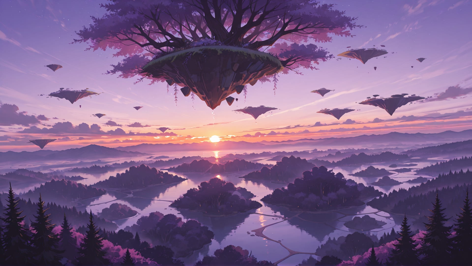 Purple Sunset Sky FloatingIslands smartphone wallpaper free download, vertical 16:9 format, Purple, Sunset, Sky, Spring 001