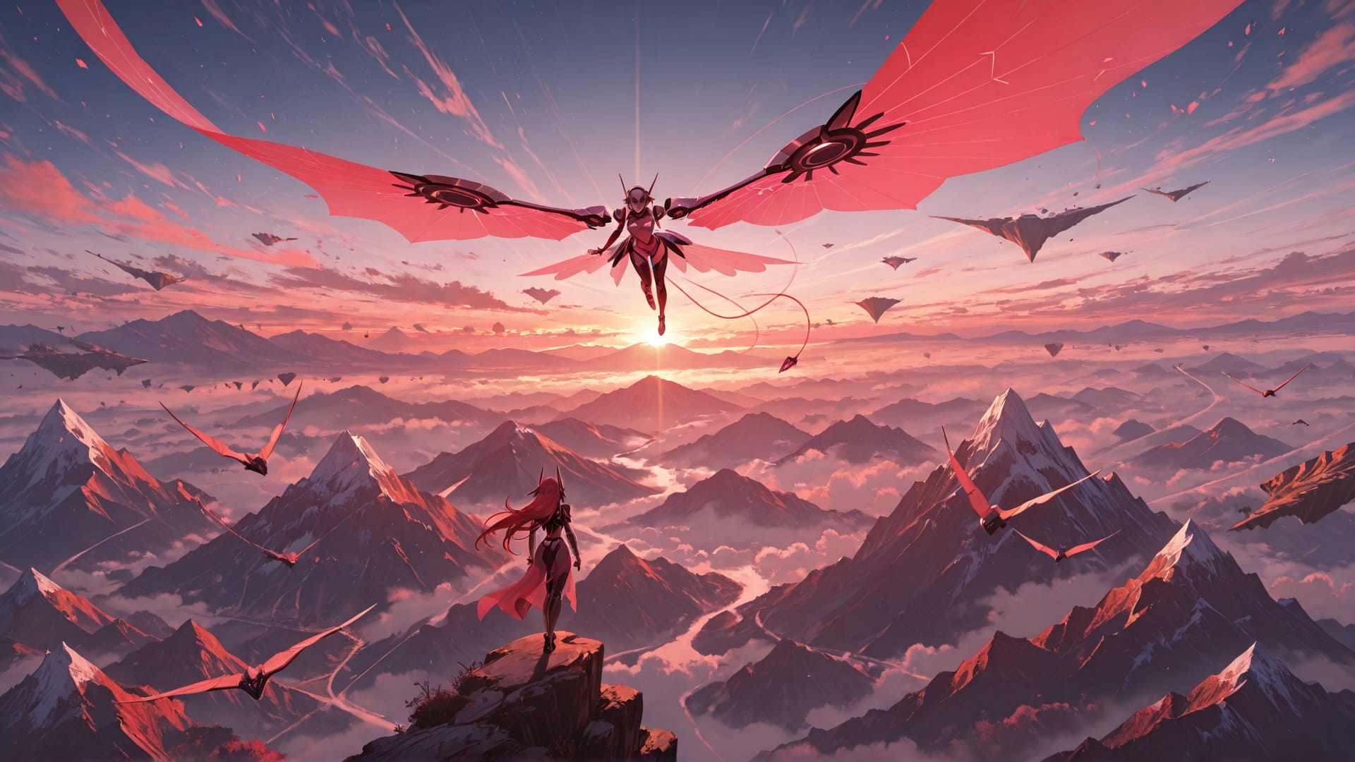 Red Afternoon Mountain FloatingIslands smartphone wallpaper free download, vertical 16:9 format, Red, Afternoon, Mountain, Summer