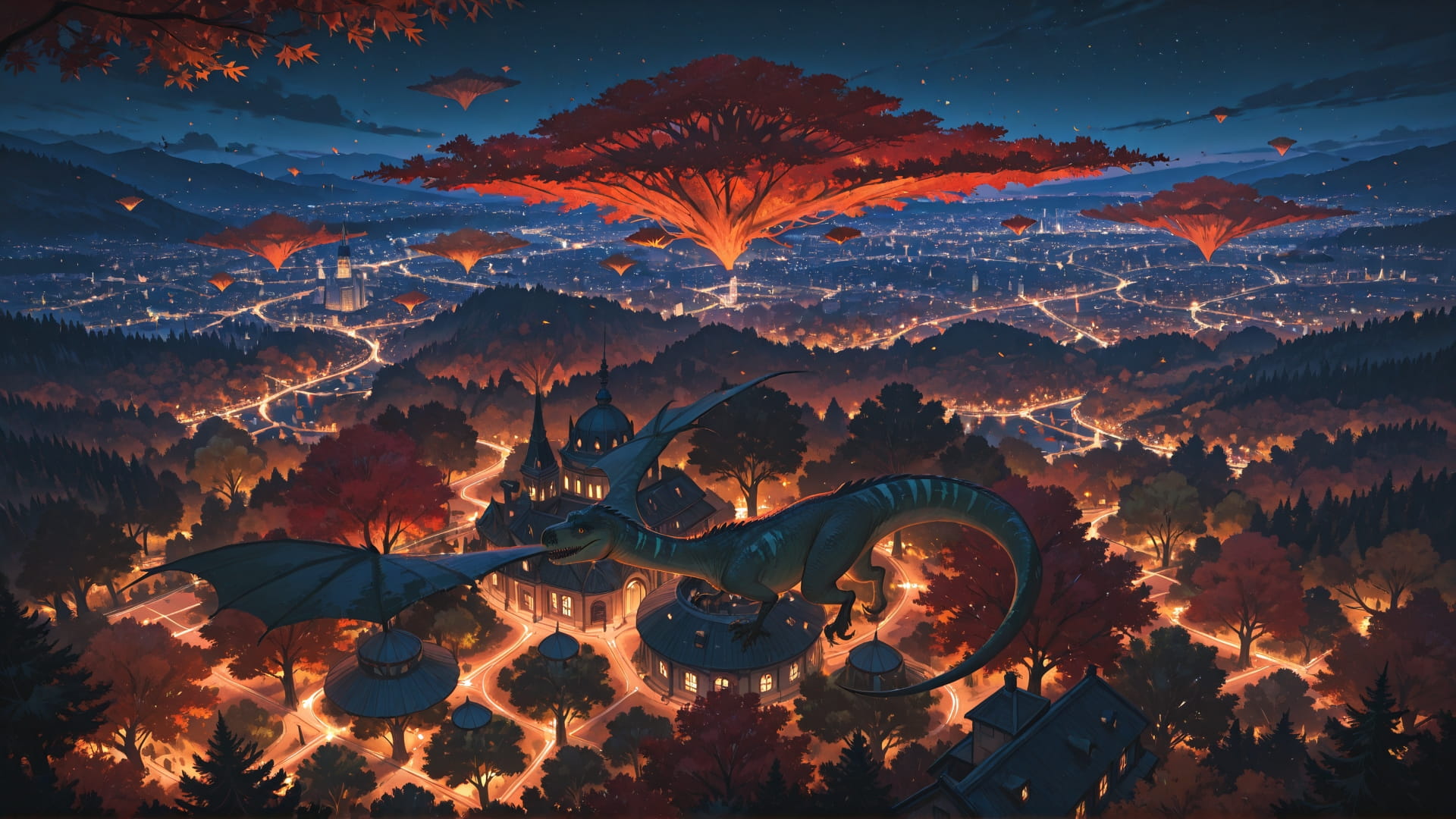 Red Night City FloatingIslands smartphone wallpaper free download, vertical 16:9 format, Red, Night, City, Autumn