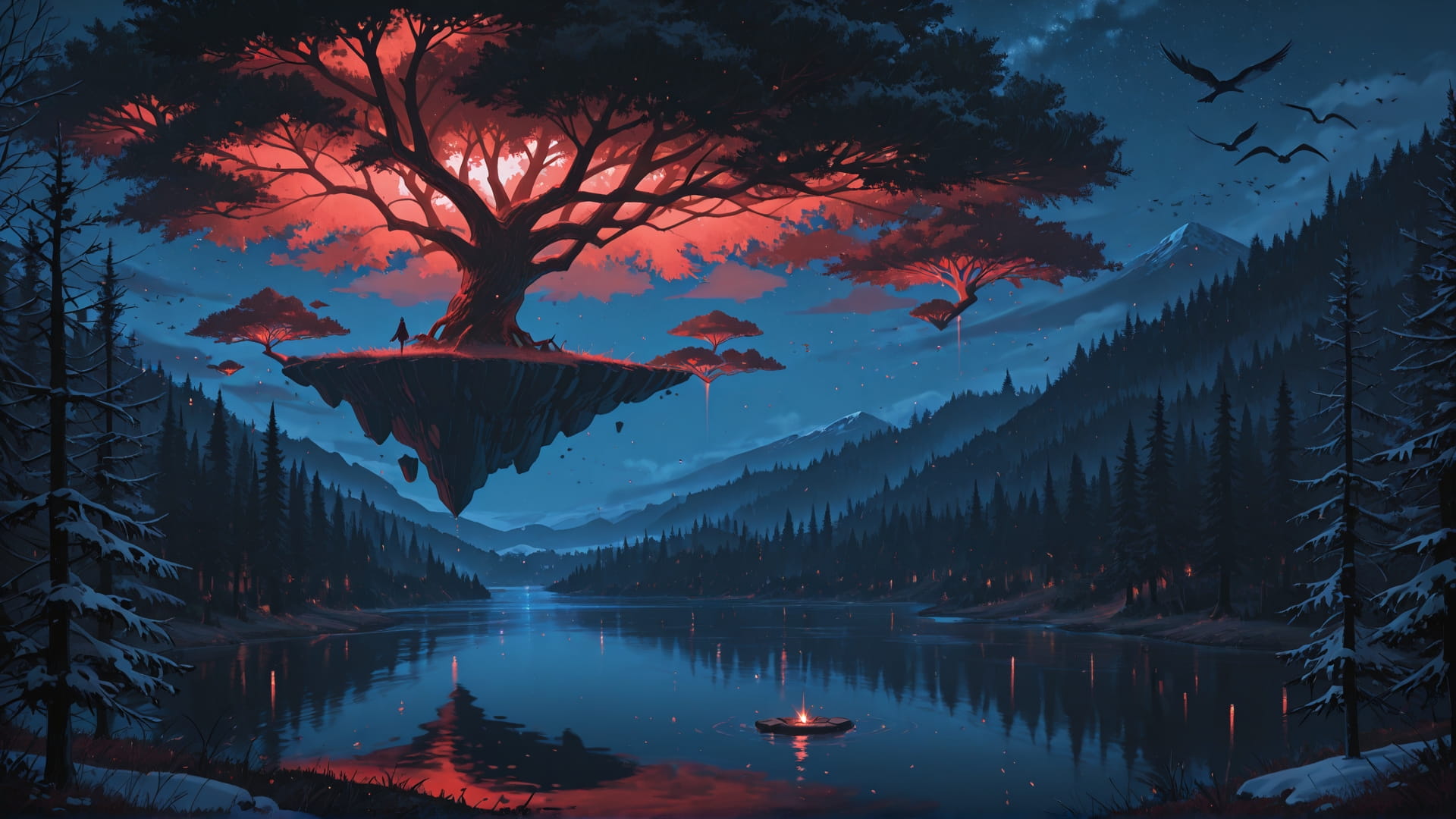 Red Night Sea FloatingIslands smartphone wallpaper free download, vertical 16:9 format, Red, Night, Sea, Winter