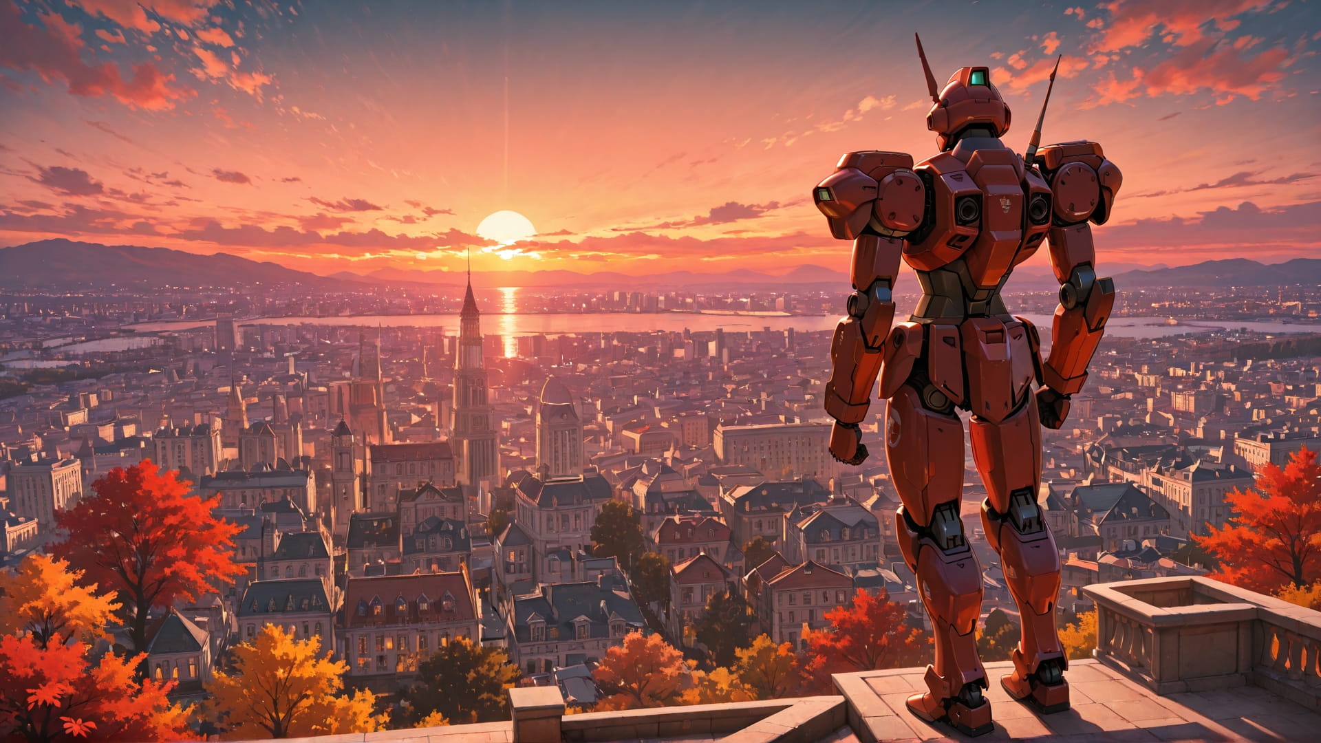 Red Sunset City FloatingIslands smartphone wallpaper free download, vertical 16:9 format, Red, Sunset, City, Autumn