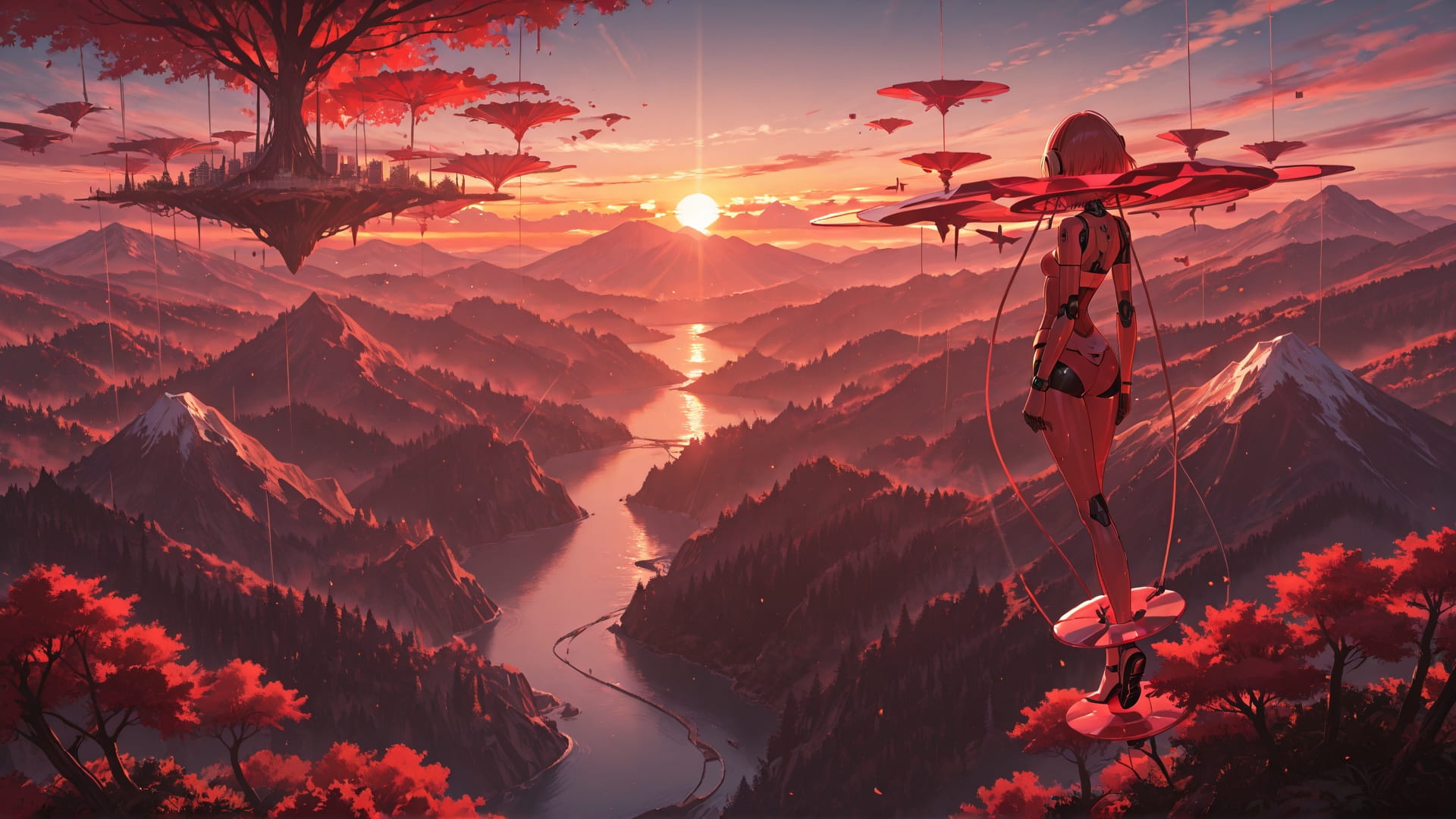 Red Sunset Mountain FloatingIslands smartphone wallpaper free download, vertical 16:9 format, Red, Sunset, Mountain, Summer