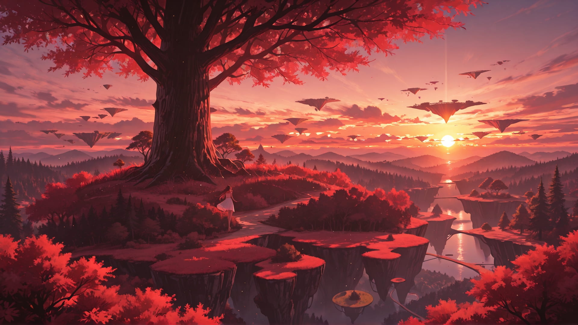 Red Sunset Nature FloatingIslands smartphone wallpaper free download, vertical 16:9 format, Red, Sunset, Nature, Summer 001
