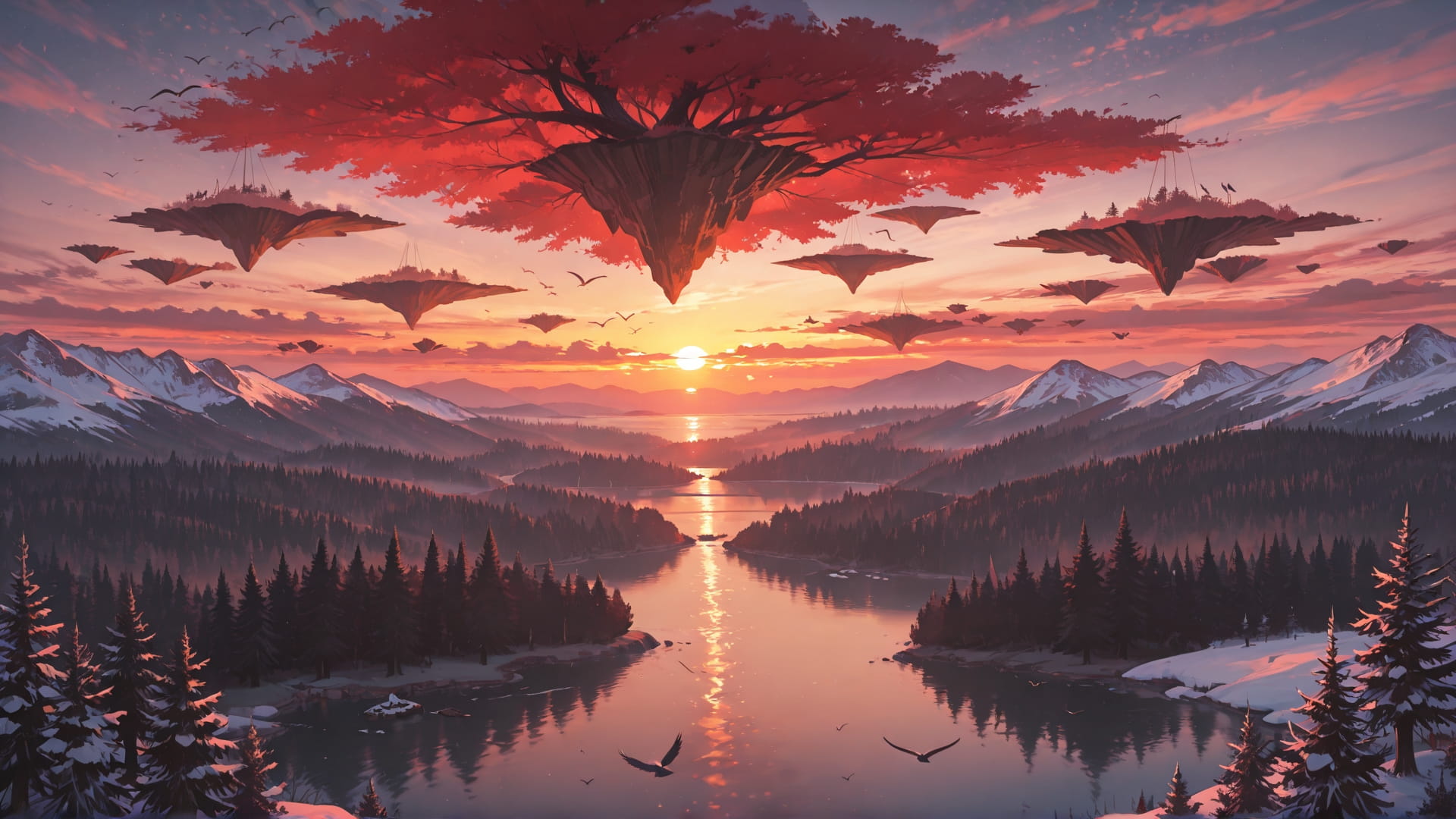 Red Sunset Sea FloatingIslands smartphone wallpaper free download, vertical 16:9 format, Red, Sunset, Sea, Winter