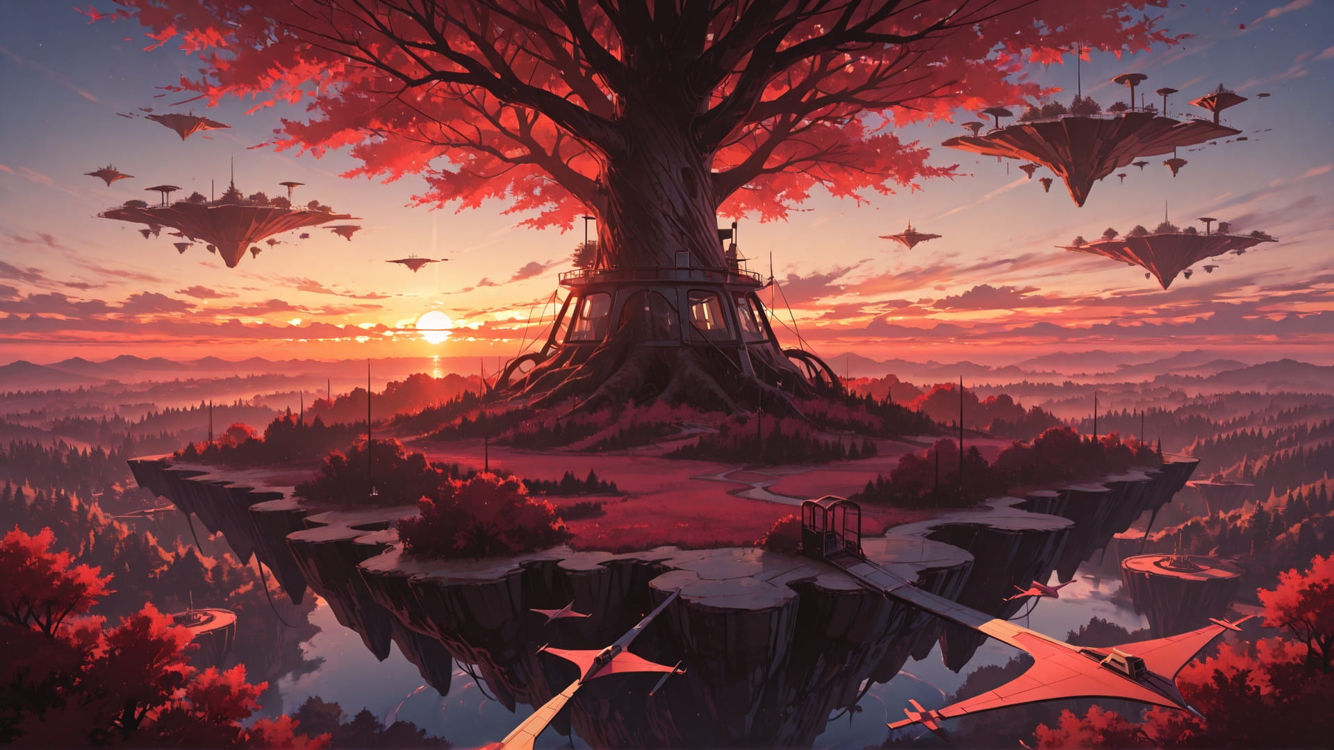 Red Sunset Sky FloatingIslands smartphone wallpaper free download, vertical 16:9 format, Red, Sunset, Sky, Summer