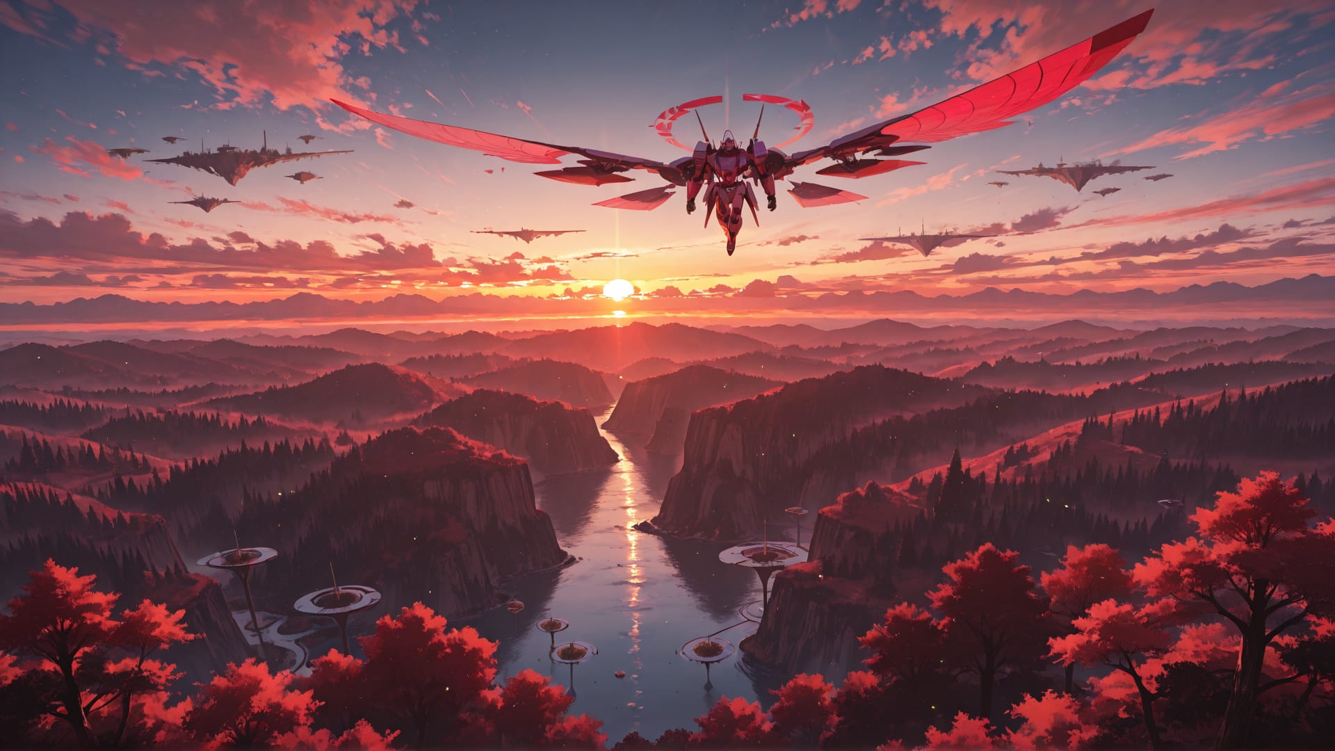 Red Sunset Sky FloatingIslands smartphone wallpaper free download, vertical 16:9 format, Red, Sunset, Sky, Summer