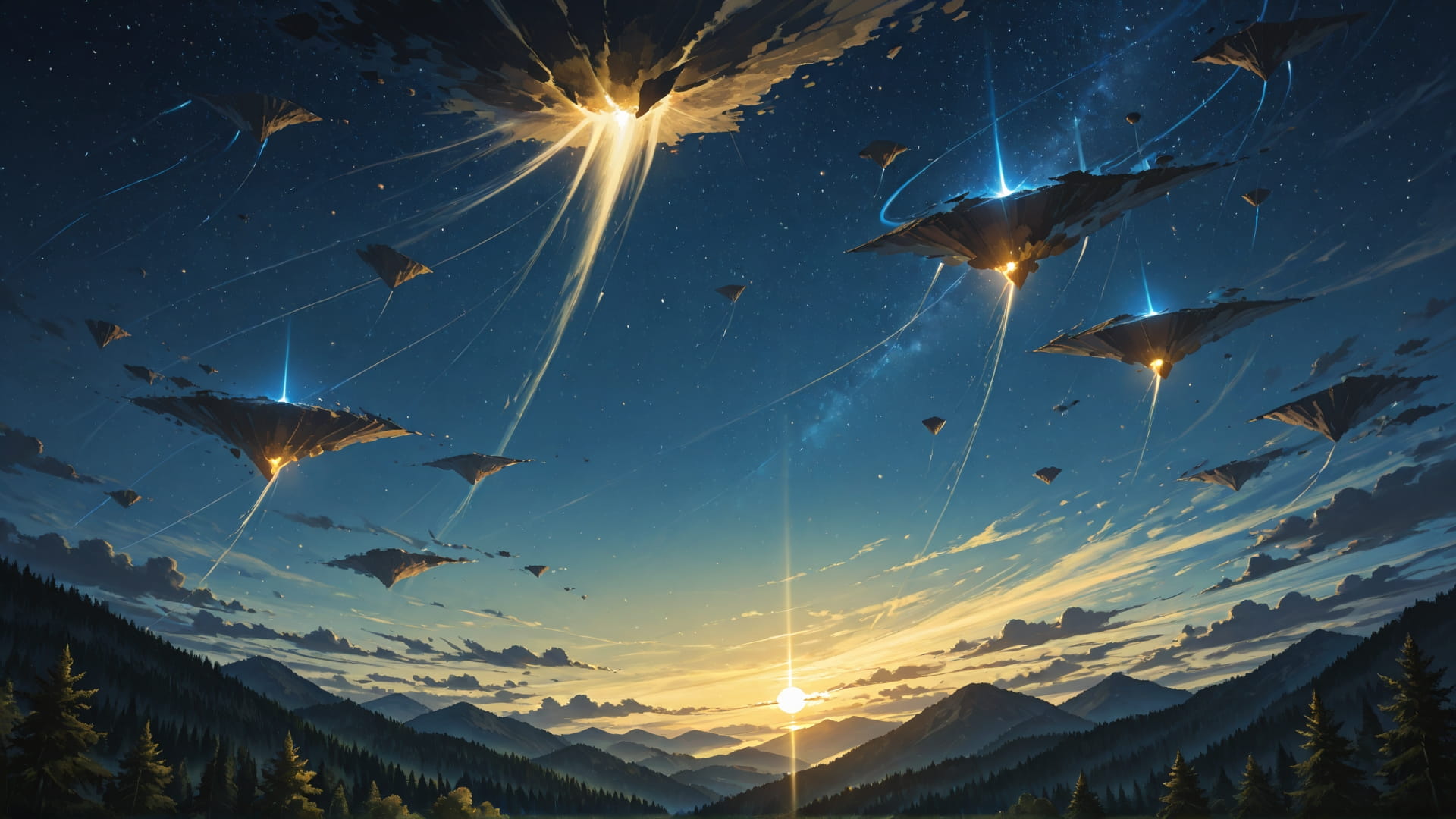 Yellow Night Nature FloatingIslands smartphone wallpaper free download, vertical 16:9 format, Yellow, Night, Nature, Spring 001