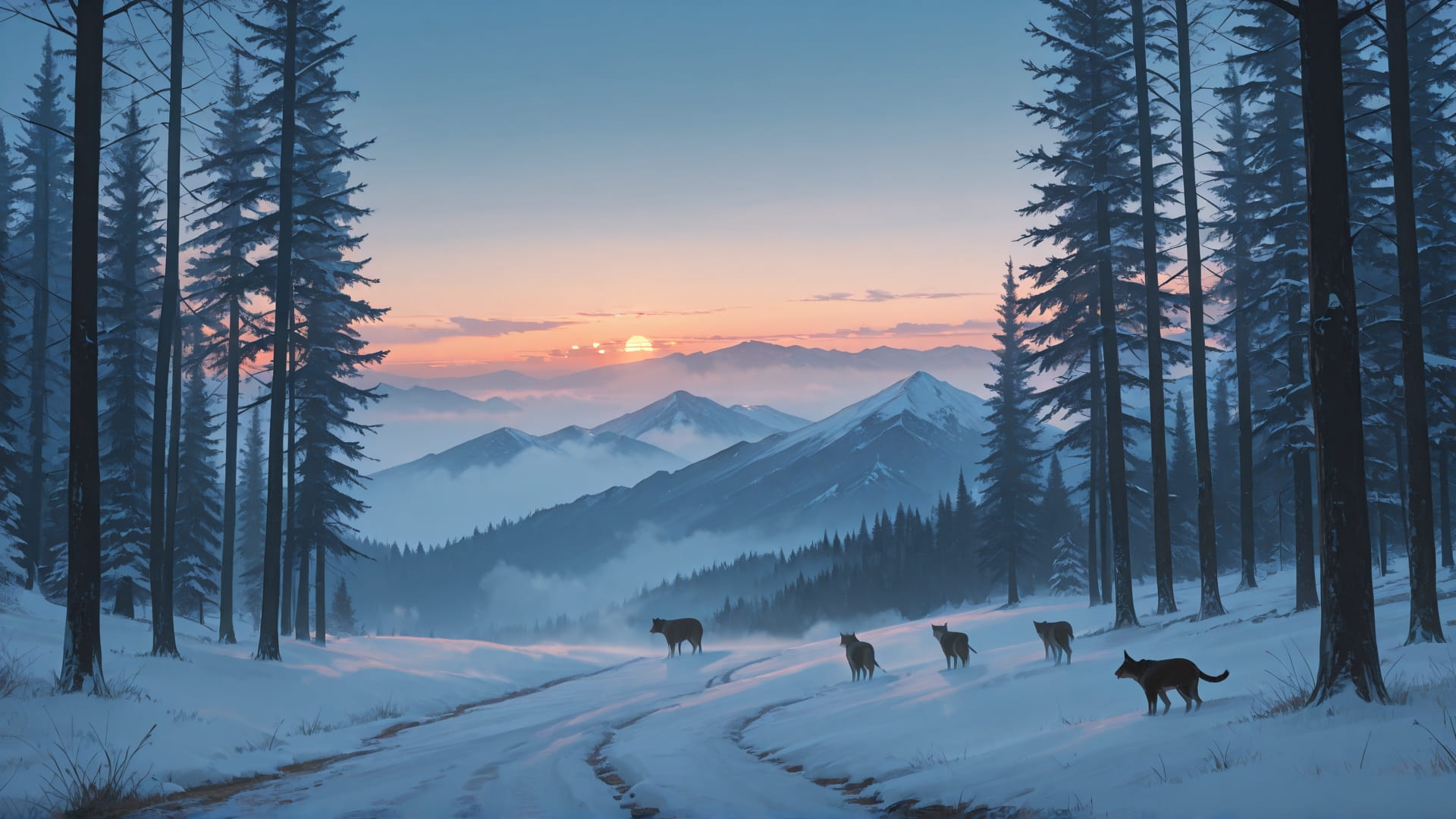 Blue Sunset Mountain Fog smartphone wallpaper free download, vertical 16:9 format, Blue, Sunset, Mountain, Winter