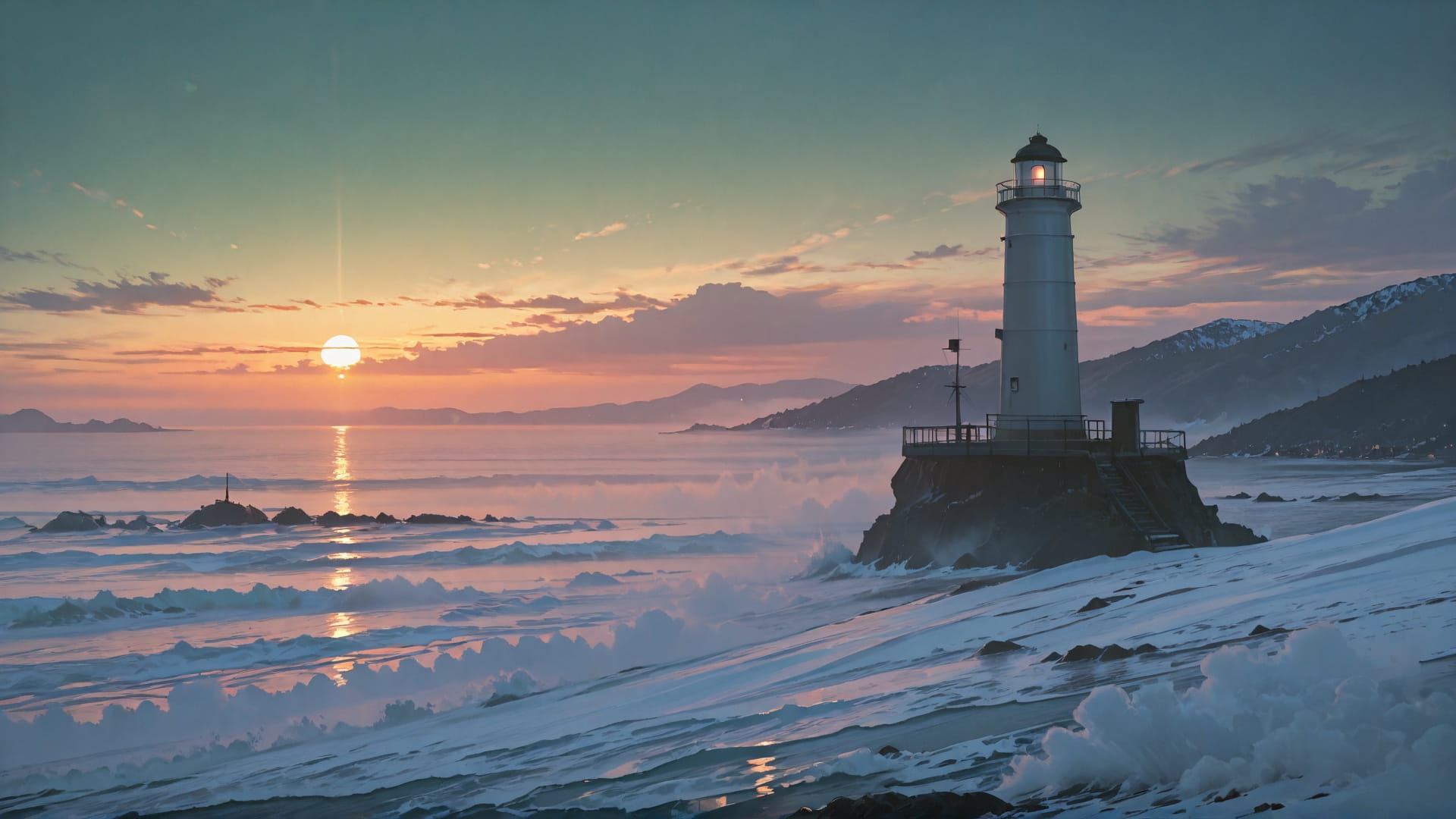 Green Sunset Sea Fog smartphone wallpaper free download, vertical 16:9 format, Green, Sunset, Sea, Winter 001