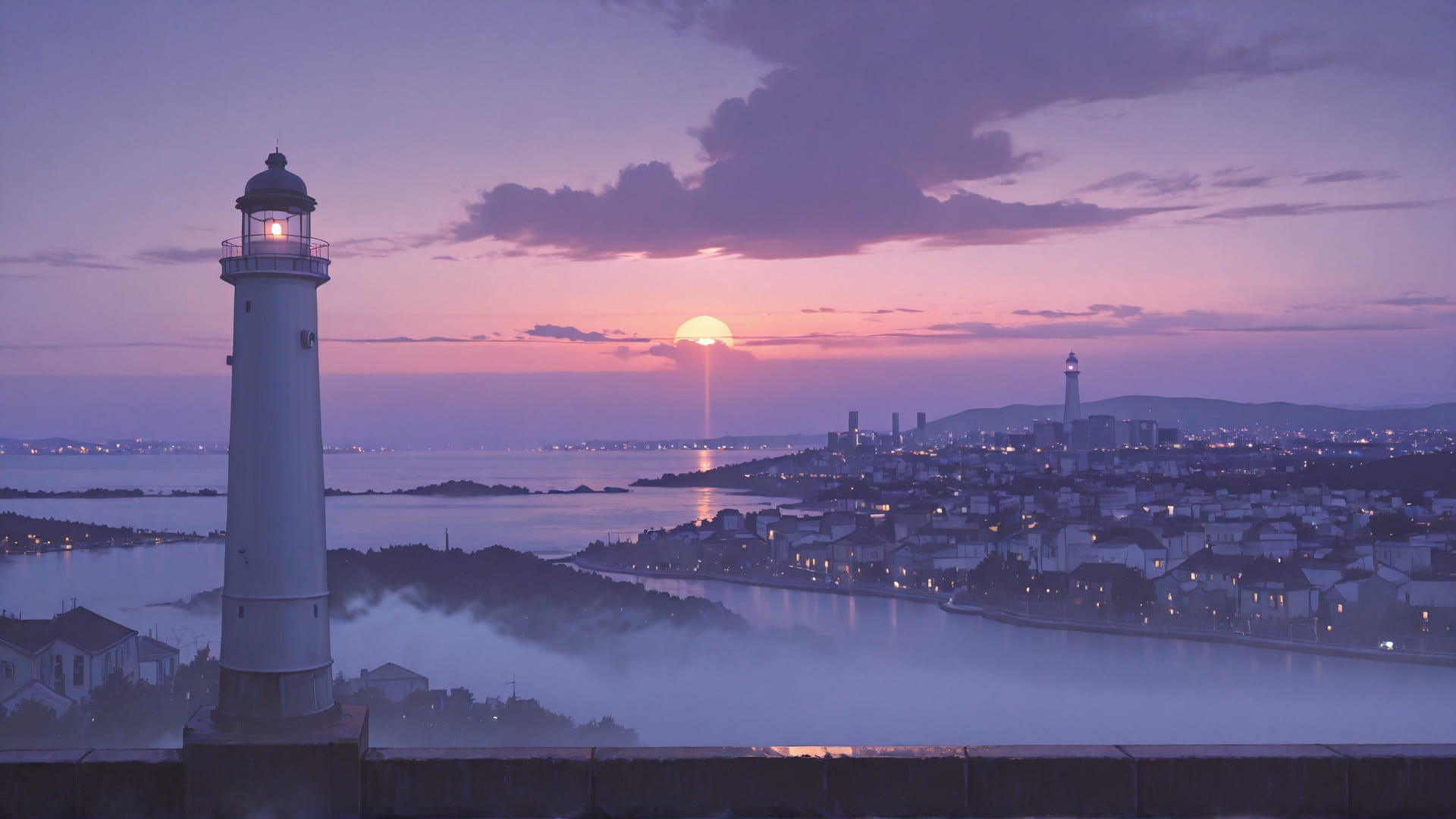 Purple Sunset City Fog smartphone wallpaper free download, vertical 16:9 format, Purple, Sunset, City, Winter 001