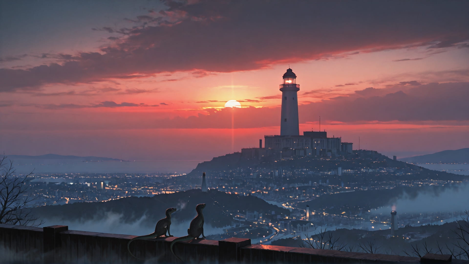 Red Sunset City Fog smartphone wallpaper free download, vertical 16:9 format, Red, Sunset, City, Winter