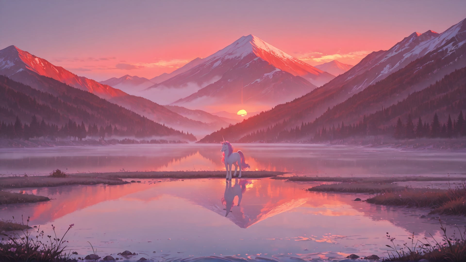 Red Sunset Nature Fog smartphone wallpaper free download, vertical 16:9 format, Red, Sunset, Nature, Spring