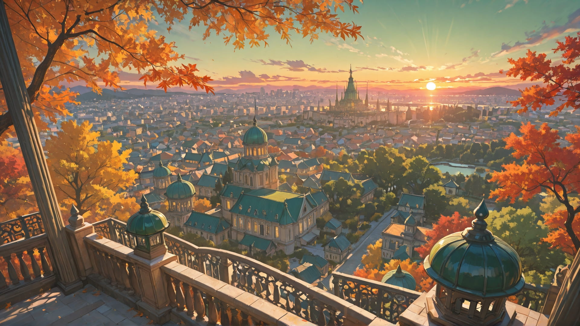 Green Sunset City France smartphone wallpaper free download, vertical 16:9 format, Green, Sunset, City, Autumn 001