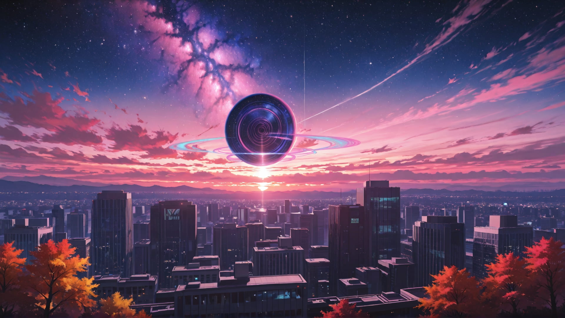 Pink Sunset City Galaxy smartphone wallpaper free download, vertical 16:9 format, Pink, Sunset, City, Autumn 001