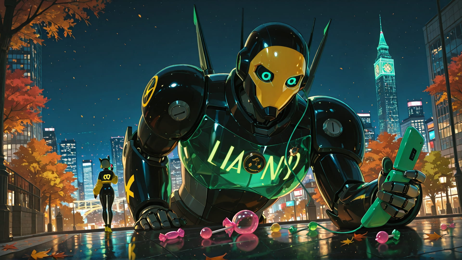 Green Night City GimmeGummy smartphone wallpaper free download, vertical 16:9 format, Green, Night, City, Autumn