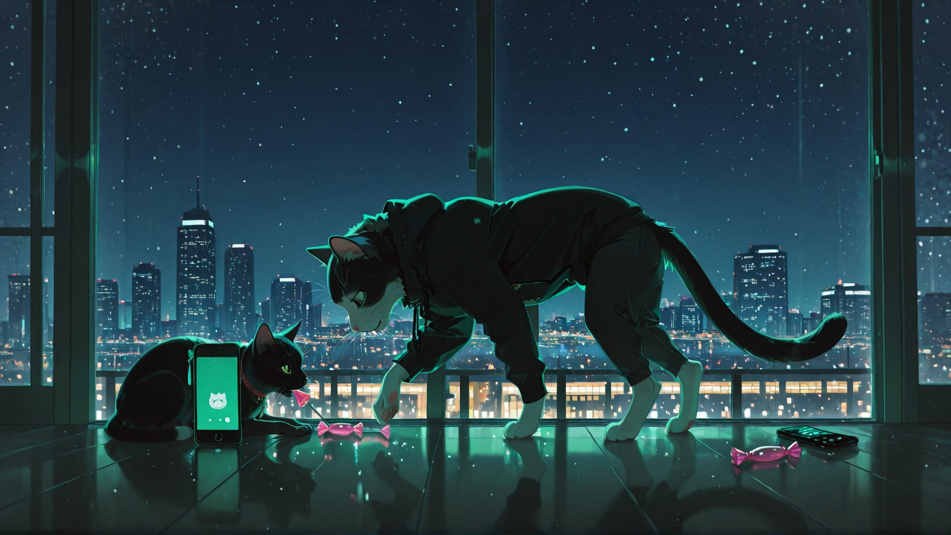 Green Night City GimmeGummy smartphone wallpaper free download, vertical 16:9 format, Green, Night, City, Winter