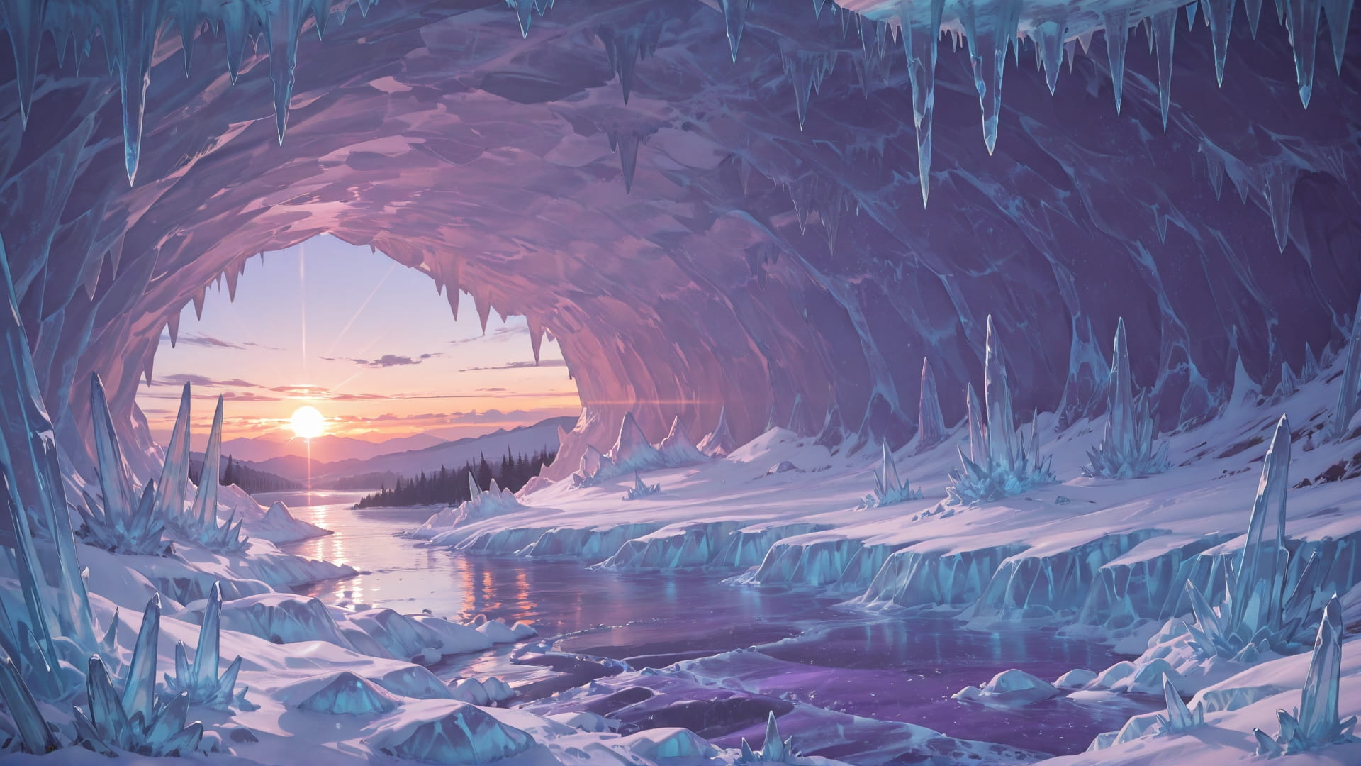 Purple Sunset Sea Glacier smartphone wallpaper free download, vertical 16:9 format, Purple, Sunset, Sea, Winter 001