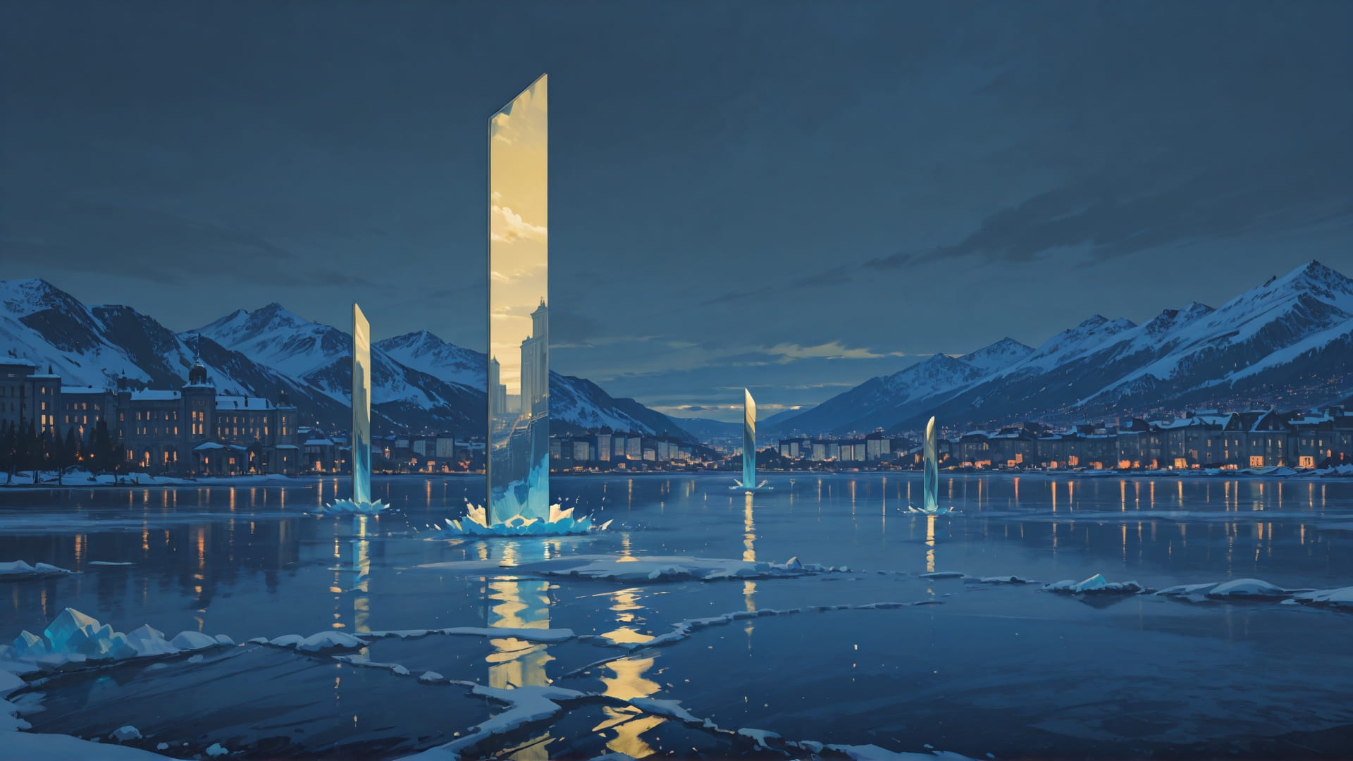 Yellow Night City Glacier smartphone wallpaper free download, vertical 16:9 format, Yellow, Night, City, Winter 001