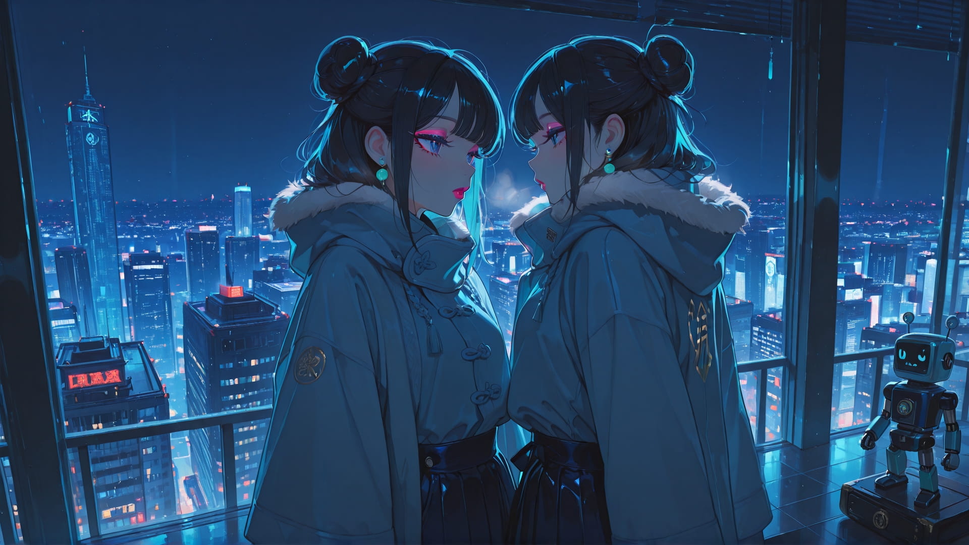 Blue Night City GlitchyGlam smartphone wallpaper free download, vertical 16:9 format, Blue, Night, City, Winter