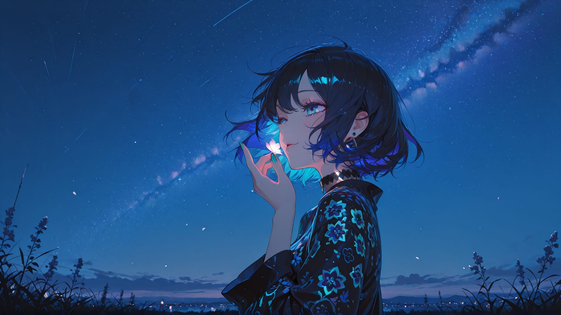 Blue Night Sky GlitchyGlam smartphone wallpaper free download, vertical 16:9 format, Blue, Night, Sky, Spring 001