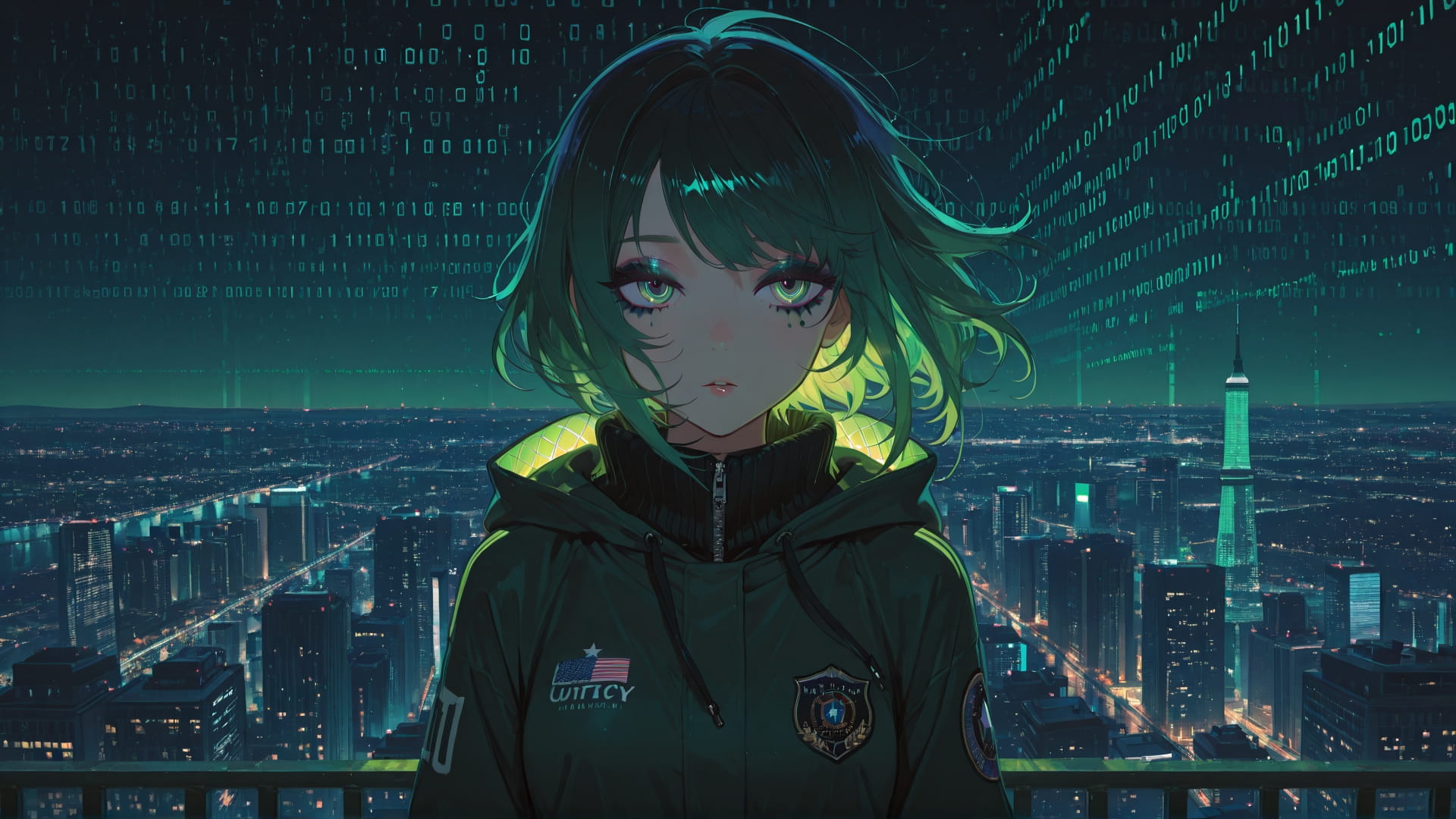 Green Night City GlitchyGlam smartphone wallpaper free download, vertical 16:9 format, Green, Night, City, Spring 001