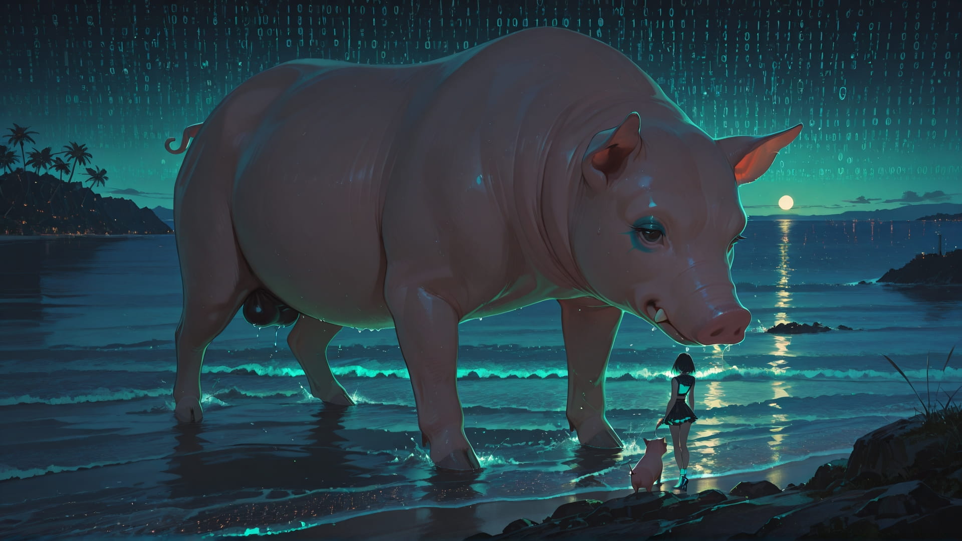 Green Night Sea GlitchyGlam smartphone wallpaper free download, vertical 16:9 format, Green, Night, Sea, Summer