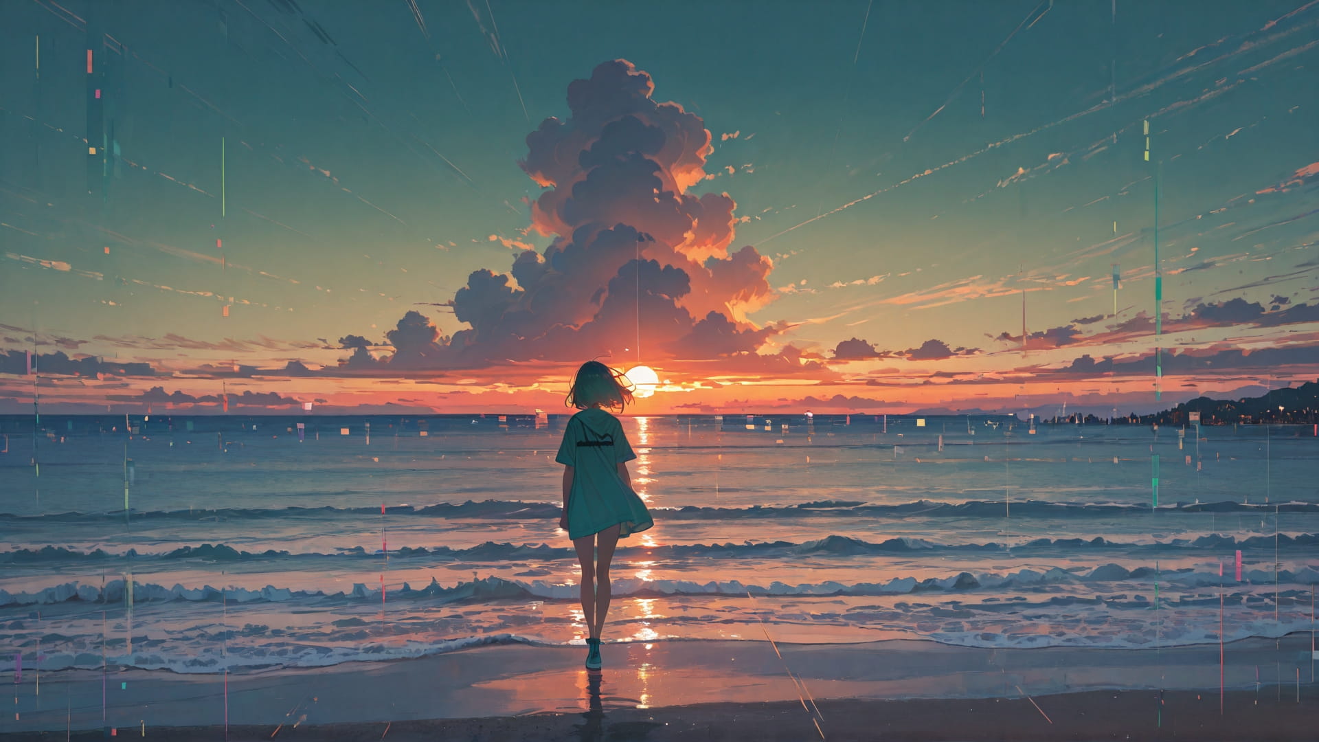 Green Sunset Sea GlitchyGlam smartphone wallpaper free download, vertical 16:9 format, Green, Sunset, Sea, Summer 001