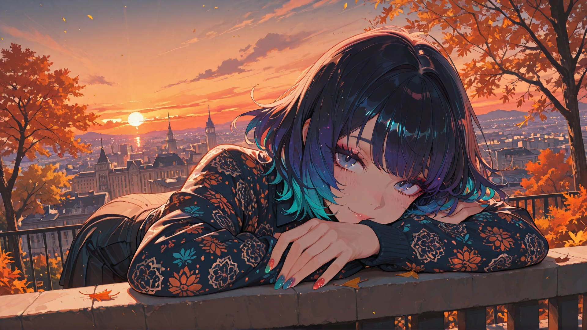 Orange Sunset City GlitchyGlam smartphone wallpaper free download, vertical 16:9 format, Orange, Sunset, City, Autumn 001