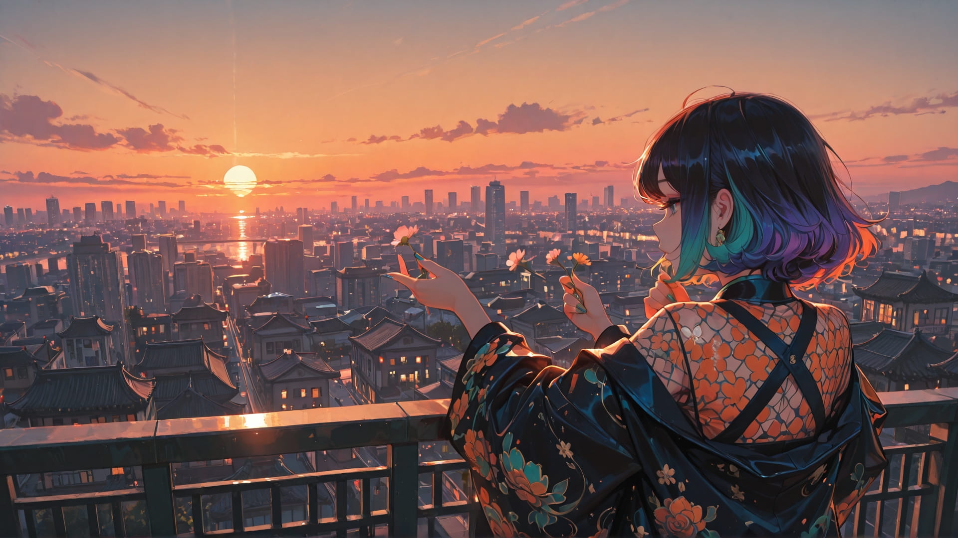 Orange Sunset City GlitchyGlam smartphone wallpaper free download, vertical 16:9 format, Orange, Sunset, City, Spring 001