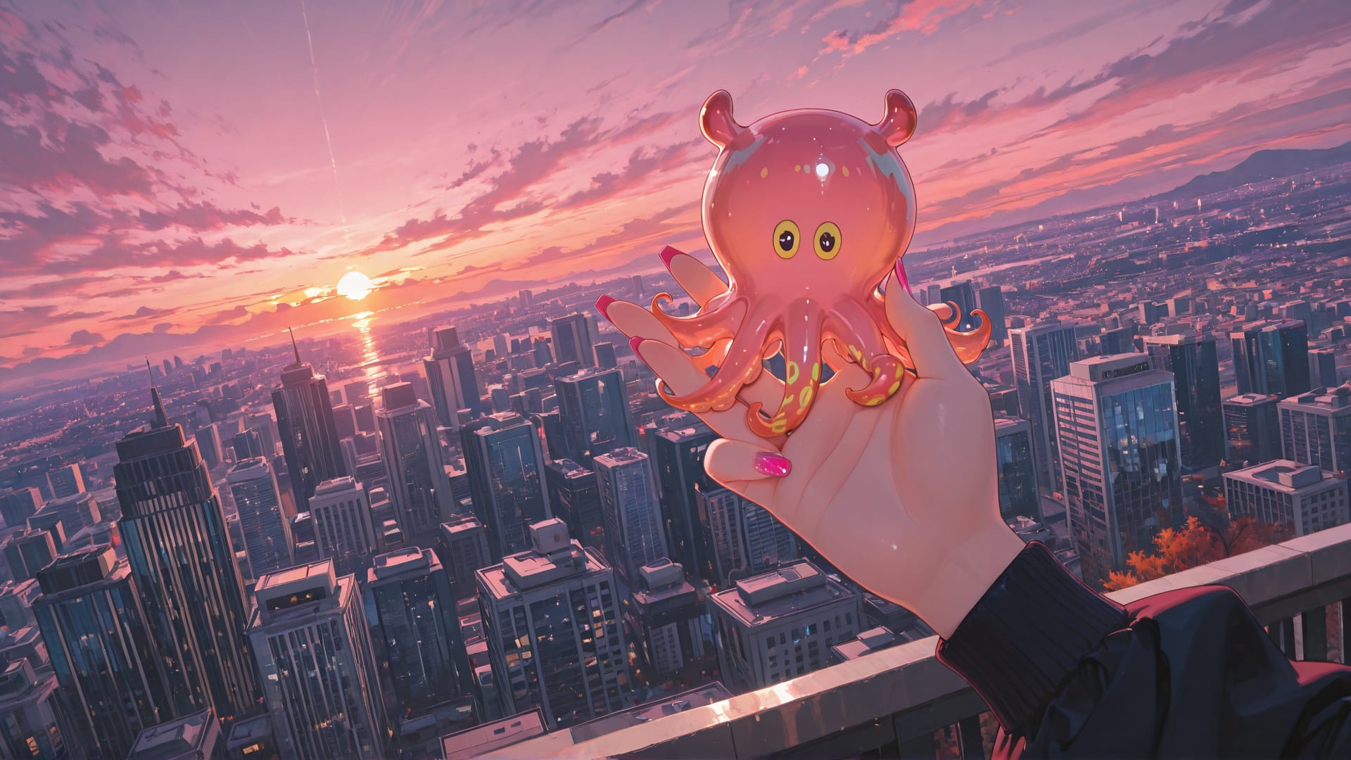 Pink Sunset City GlitchyGlam smartphone wallpaper free download, vertical 16:9 format, Pink, Sunset, City, Autumn