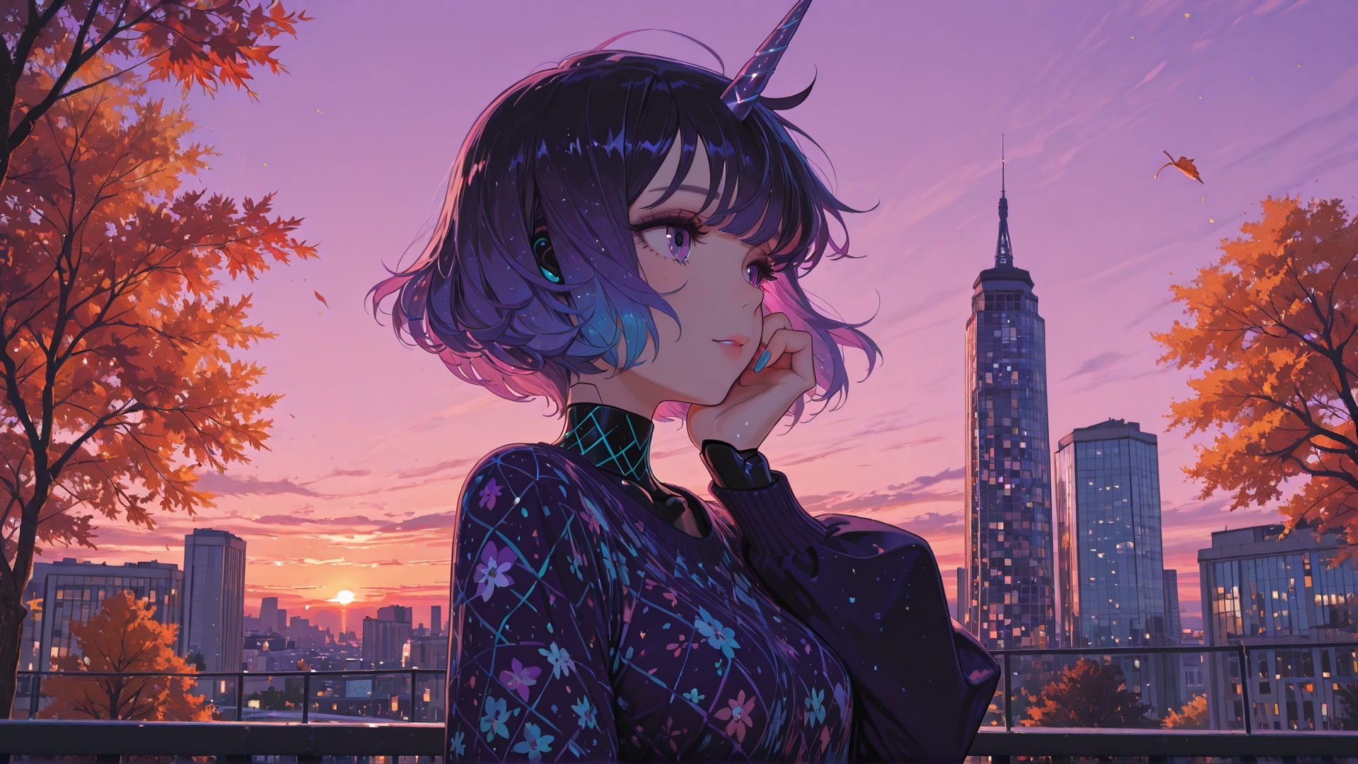 Purple Sunset City GlitchyGlam smartphone wallpaper free download, vertical 16:9 format, Purple, Sunset, City, Autumn