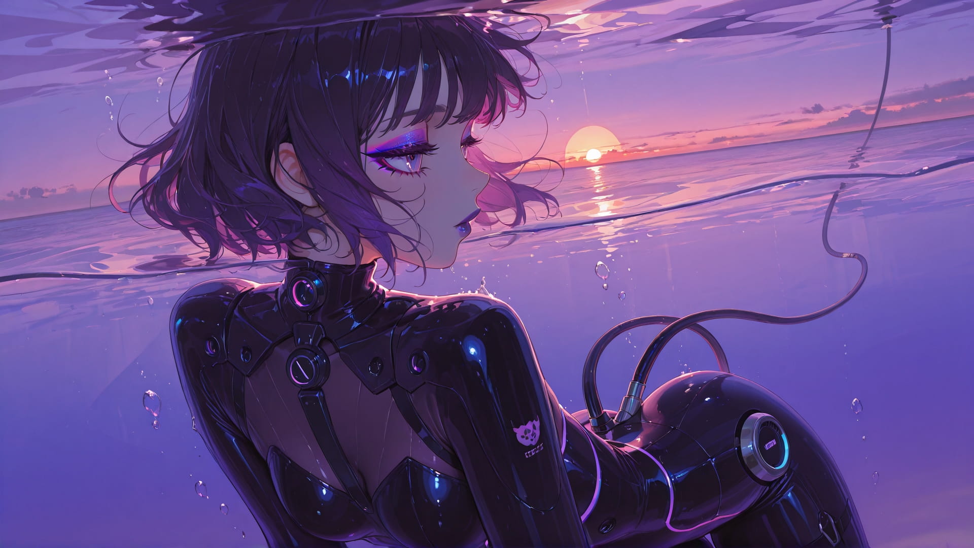 Purple Sunset Sea GlitchyGlam smartphone wallpaper free download, vertical 16:9 format, Purple, Sunset, Sea, Spring