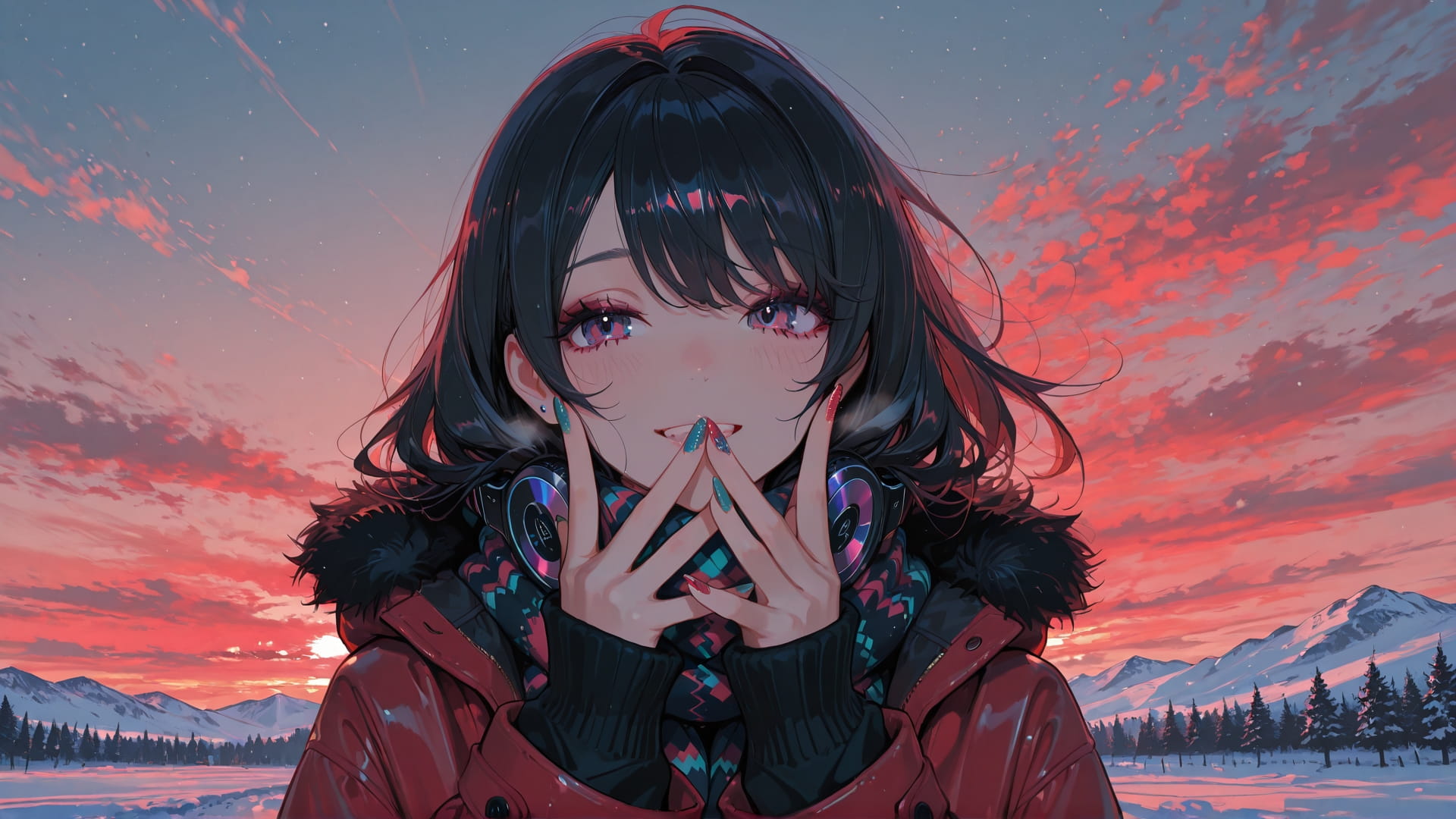 Red Afternoon Sky GlitchyGlam smartphone wallpaper free download, vertical 16:9 format, Red, Afternoon, Sky, Winter 001