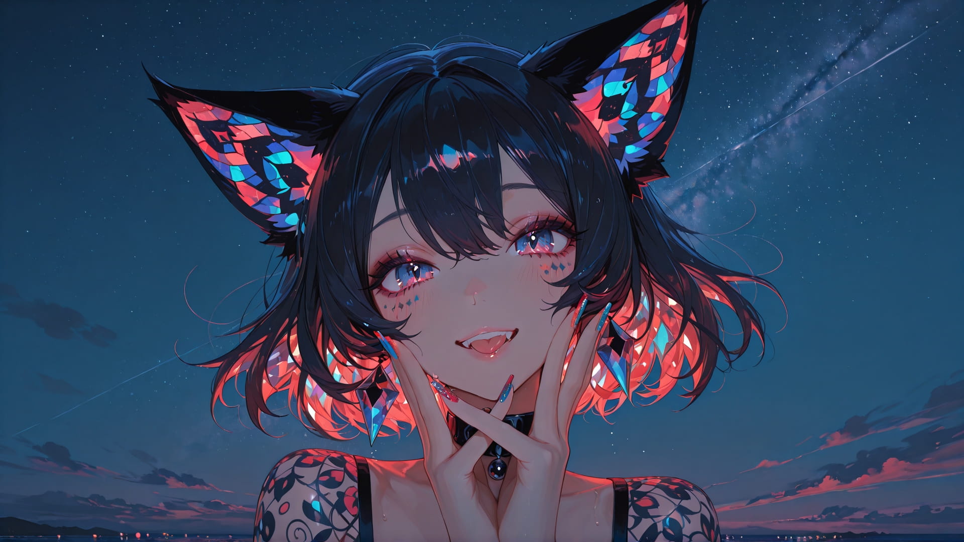 Red Night Sky GlitchyGlam smartphone wallpaper free download, vertical 16:9 format, Red, Night, Sky, Summer 001