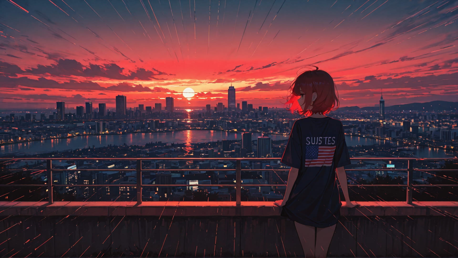 Red Sunset City GlitchyGlam smartphone wallpaper free download, vertical 16:9 format, Red, Sunset, City, Summer