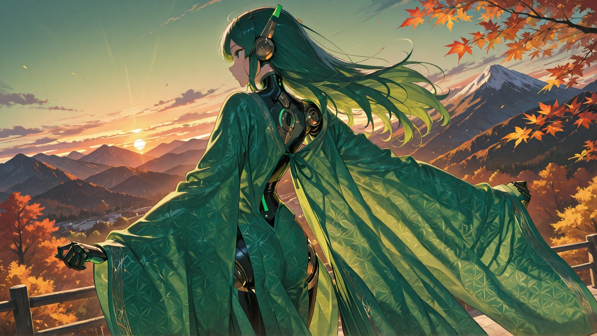 Green Sunset Mountain GrannyWave smartphone wallpaper free download, vertical 16:9 format, Green, Sunset, Mountain, Autumn