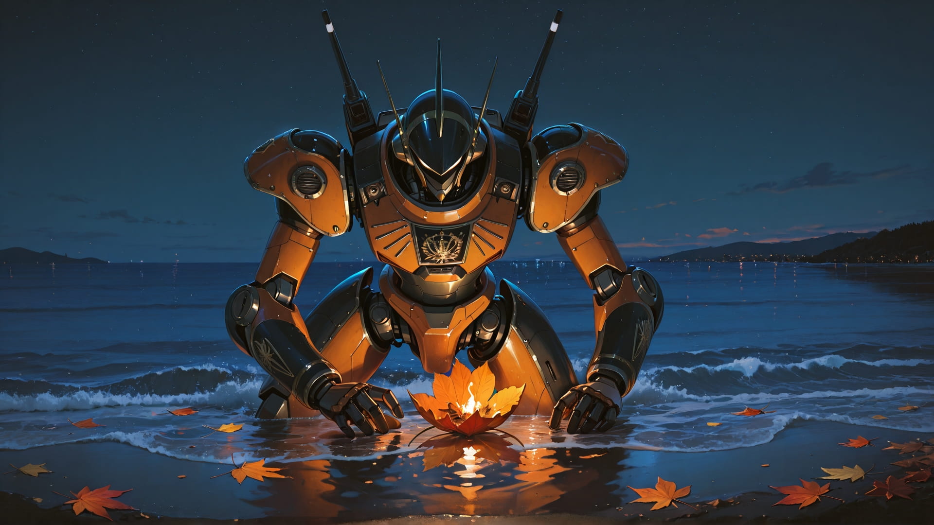 Orange Night Sea GrannyWave smartphone wallpaper free download, vertical 16:9 format, Orange, Night, Sea, Autumn