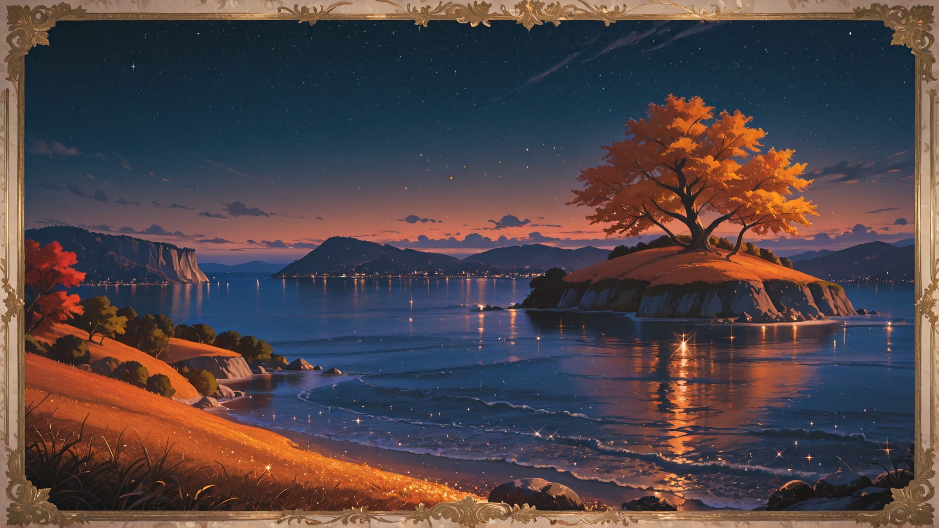 Orange Night Sea GrannyWave smartphone wallpaper free download, vertical 16:9 format, Orange, Night, Sea, Autumn 001