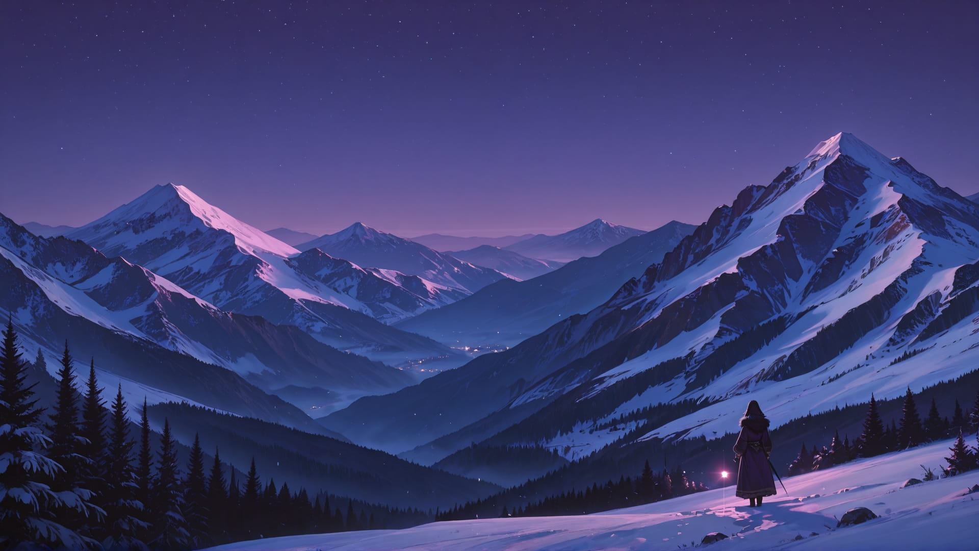 Purple Night Mountain GrannyWave smartphone wallpaper free download, vertical 16:9 format, Purple, Night, Mountain, Winter 001