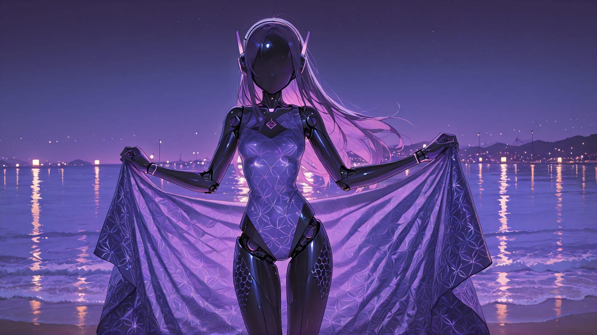 Purple Night Sea GrannyWave smartphone wallpaper free download, vertical 16:9 format, Purple, Night, Sea, Spring