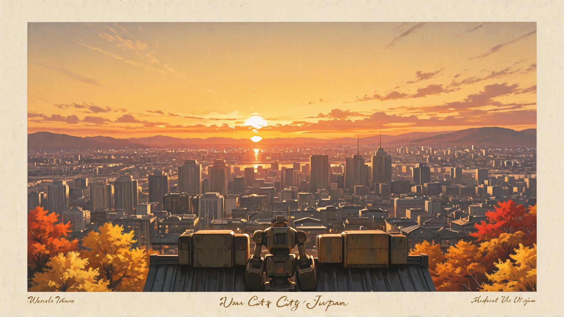 Yellow Sunset City GrannyWave smartphone wallpaper free download, vertical 16:9 format, Yellow, Sunset, City, Autumn