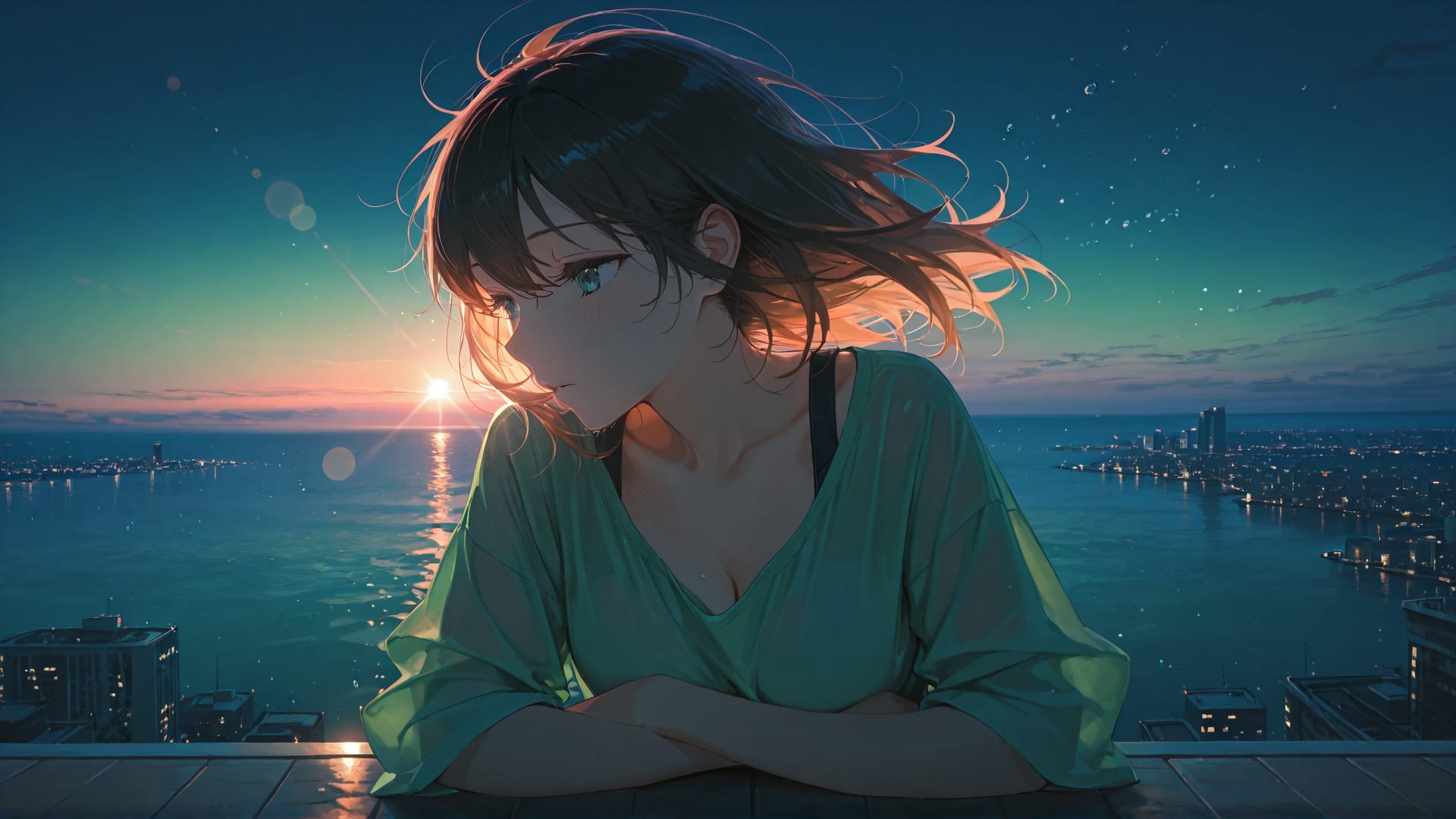 Green Night Sea Horizon smartphone wallpaper free download, vertical 16:9 format, Green, Night, Sea, Summer 001