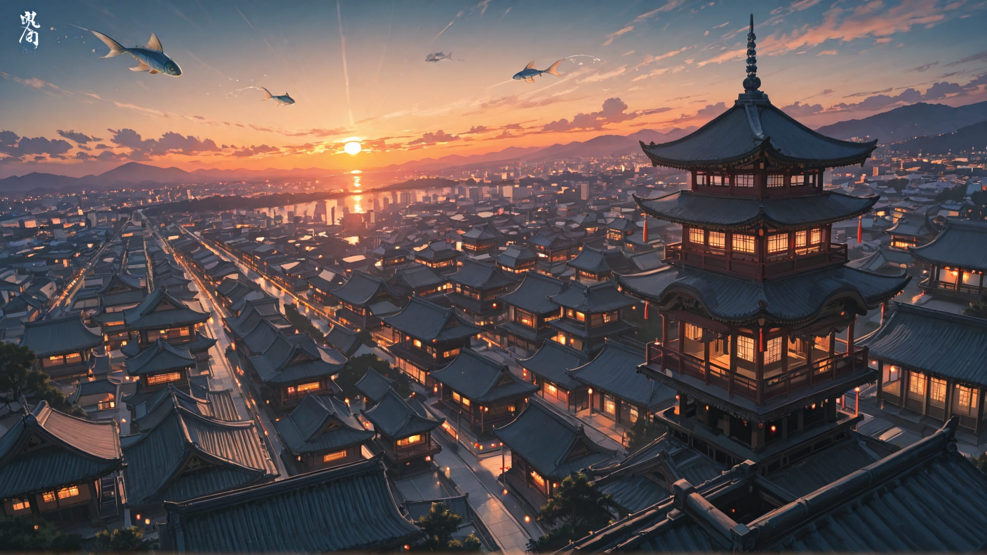 Orange Sunset City Japanese smartphone wallpaper free download, vertical 16:9 format, Orange, Sunset, City, Summer