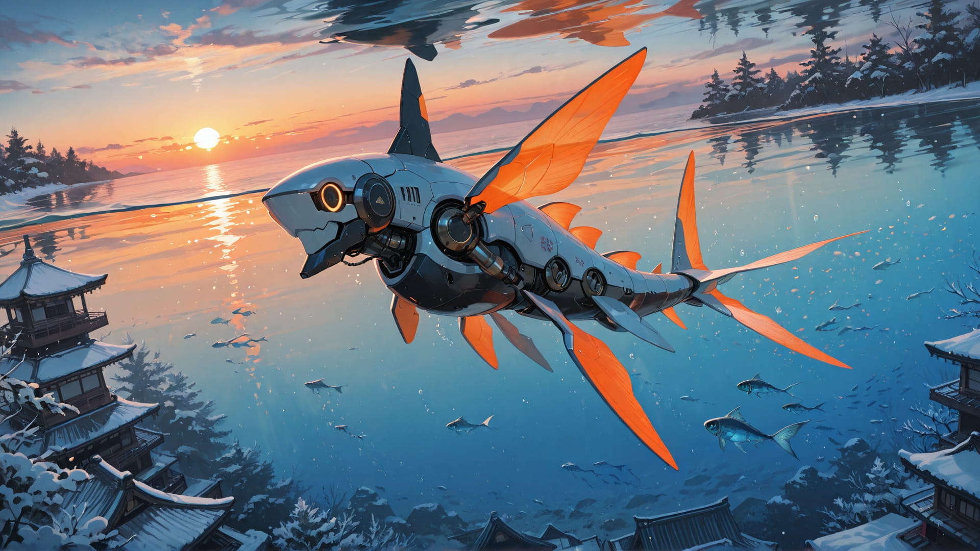 Orange Sunset Sea Japanese smartphone wallpaper free download, vertical 16:9 format, Orange, Sunset, Sea, Winter